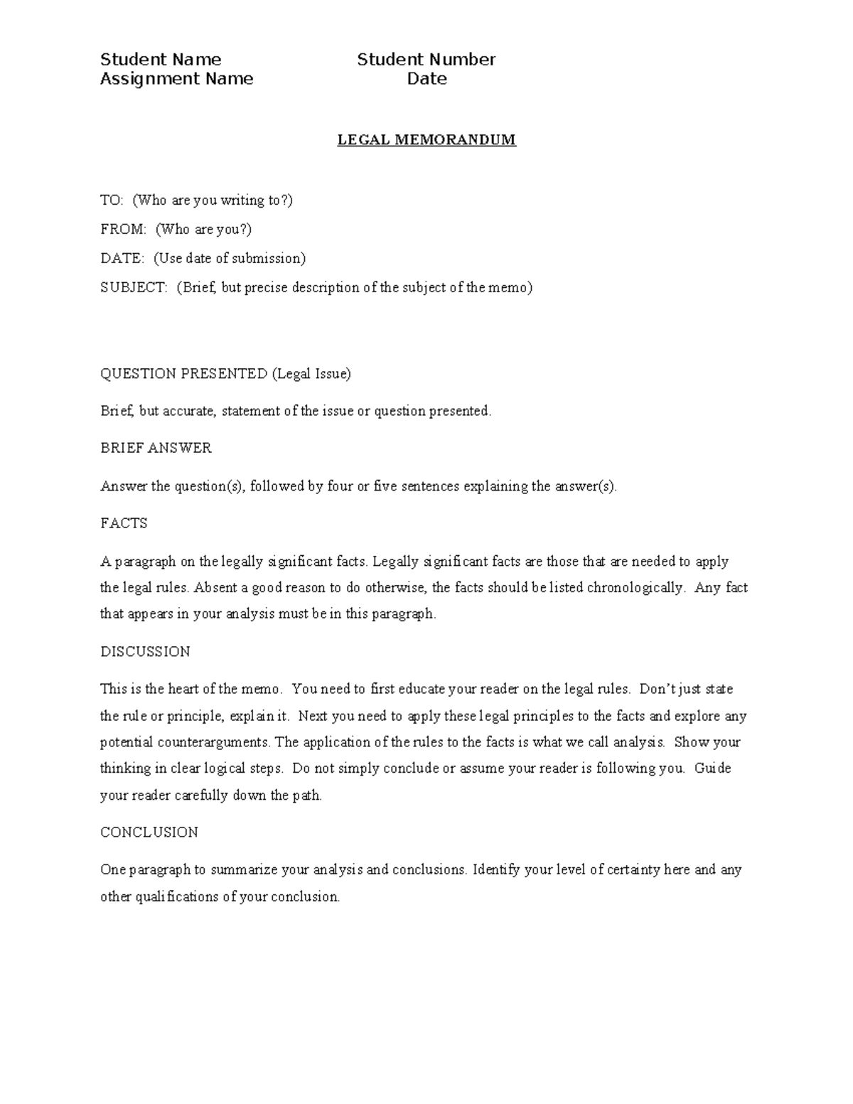 Legal Memorandum Template for Law Course (LAW 101) - Studocu