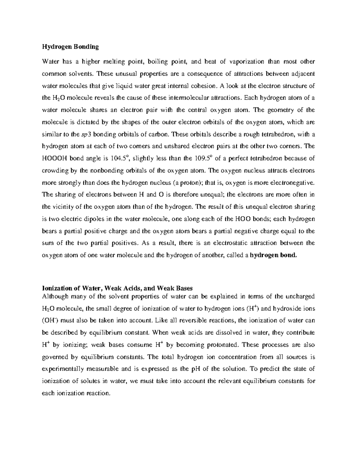 BCH 201 lecture notes - Hydrogen bonding and ionization of water - Studocu