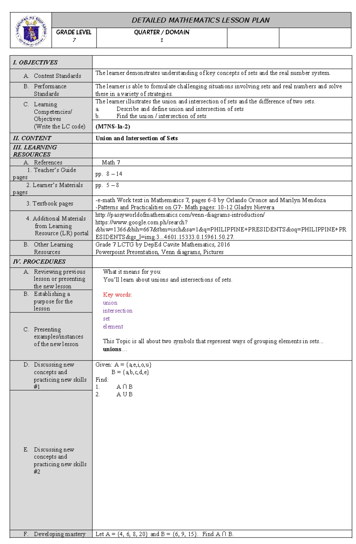 DE5262 Grade 7 Math Lesson Plan: Sets & Real Number System - Studocu