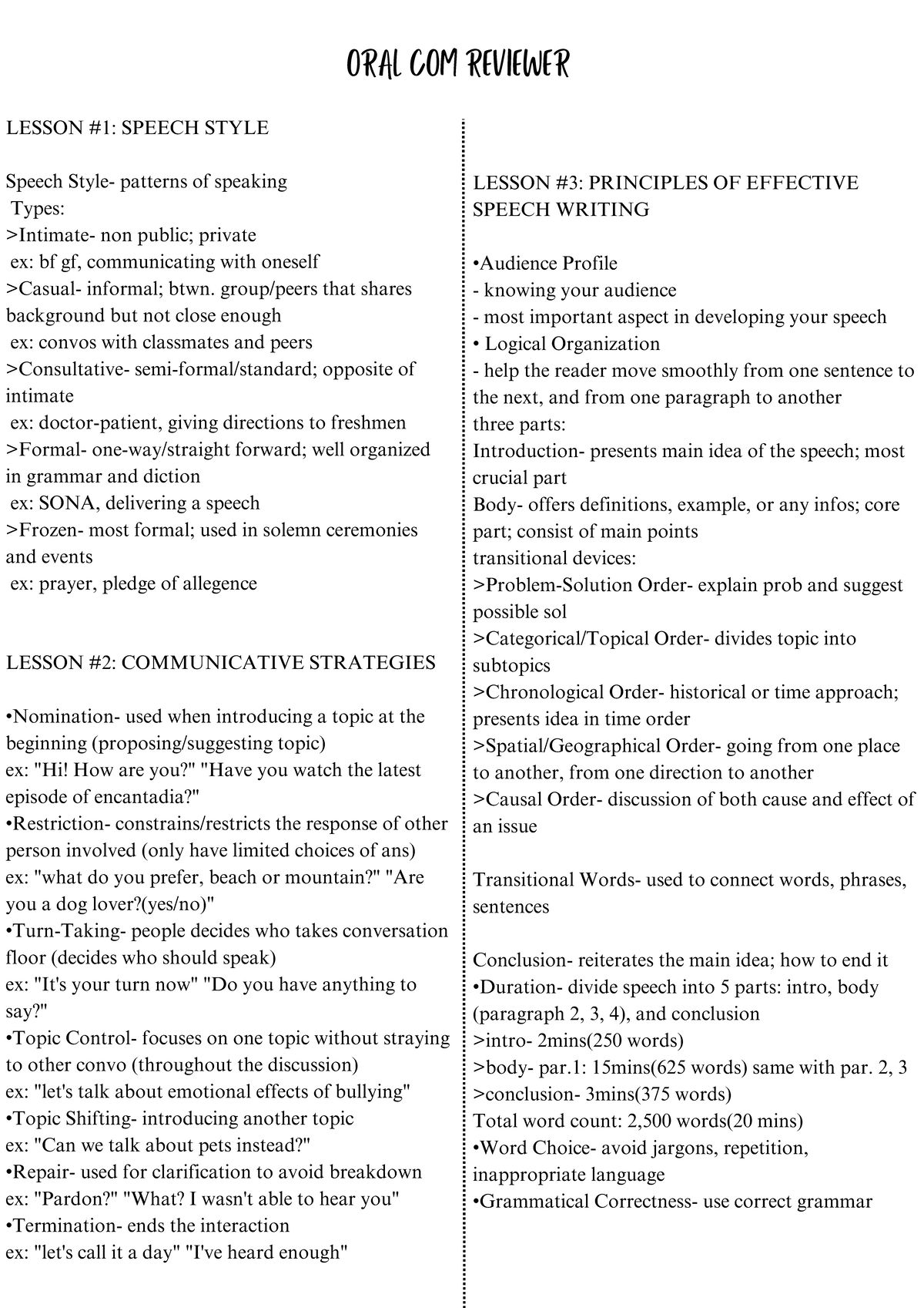 ORAL-COM- Reviewer - ORAL COM REVIEWER LESSON #1: SPEECH STYLE Speech ...