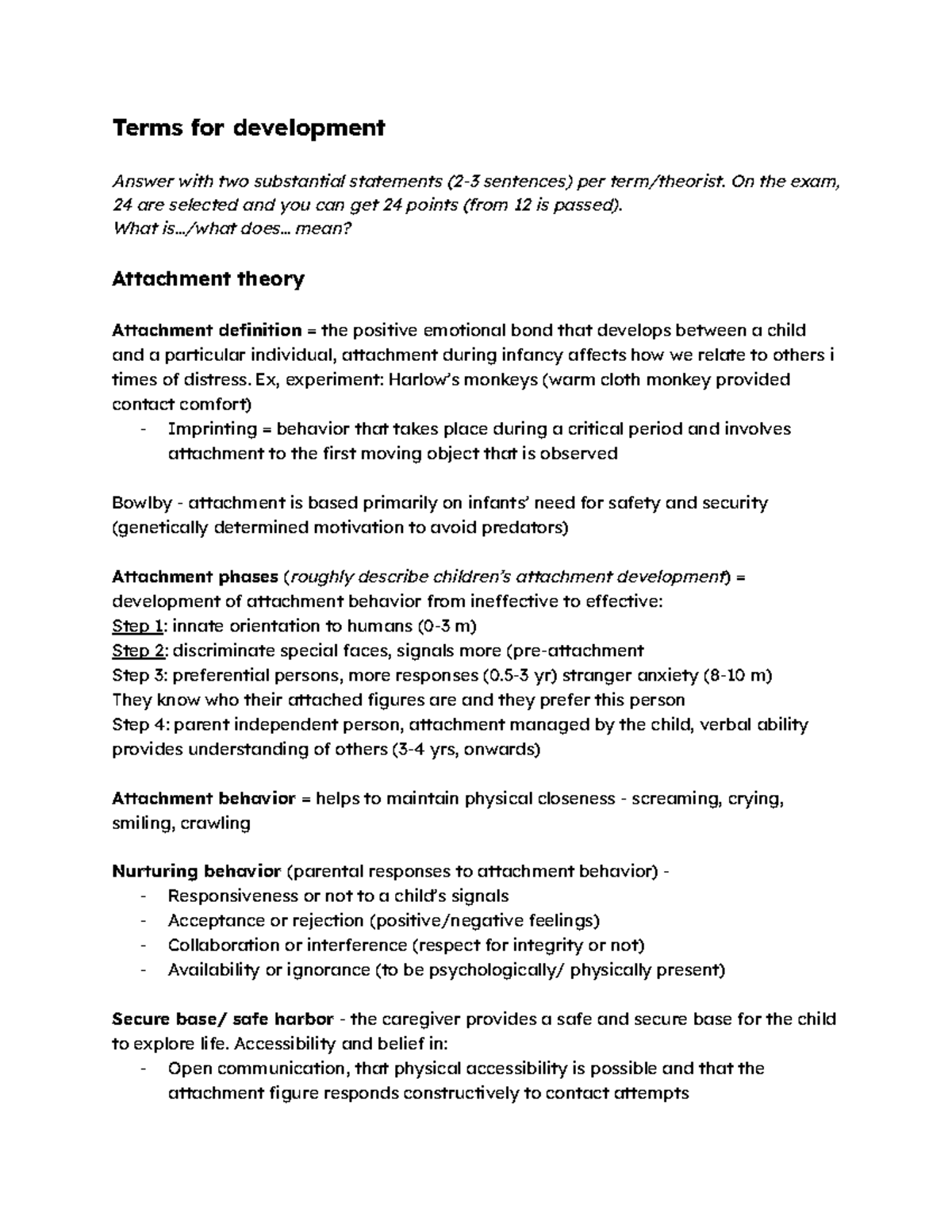 Terms - Inför Dugga: Attachment Theory and Cognitive Development - Studocu