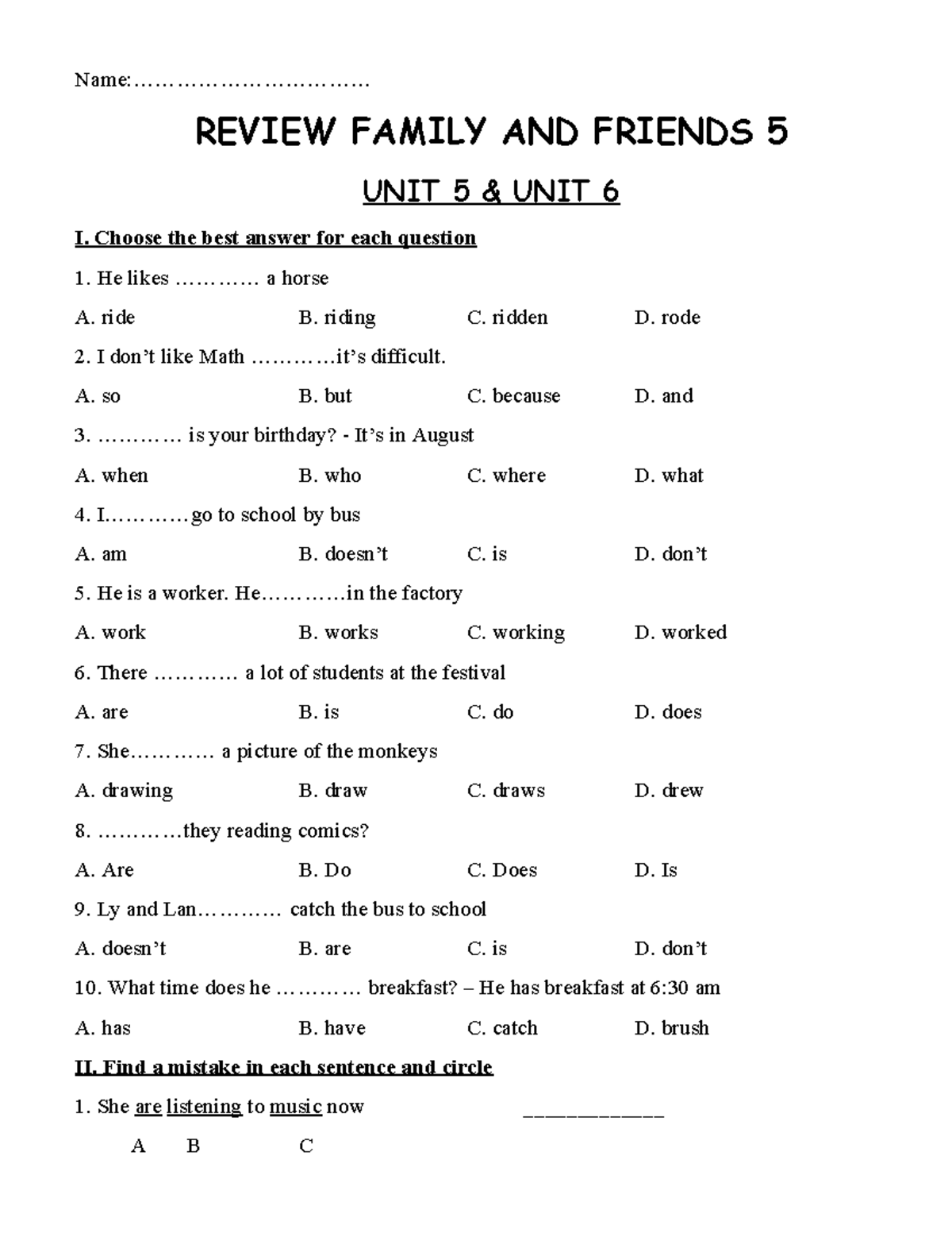 REVIEW FAMILY AND FRIENDS 5: UNIT 5 & UNIT 6 EXERCISES - Studocu