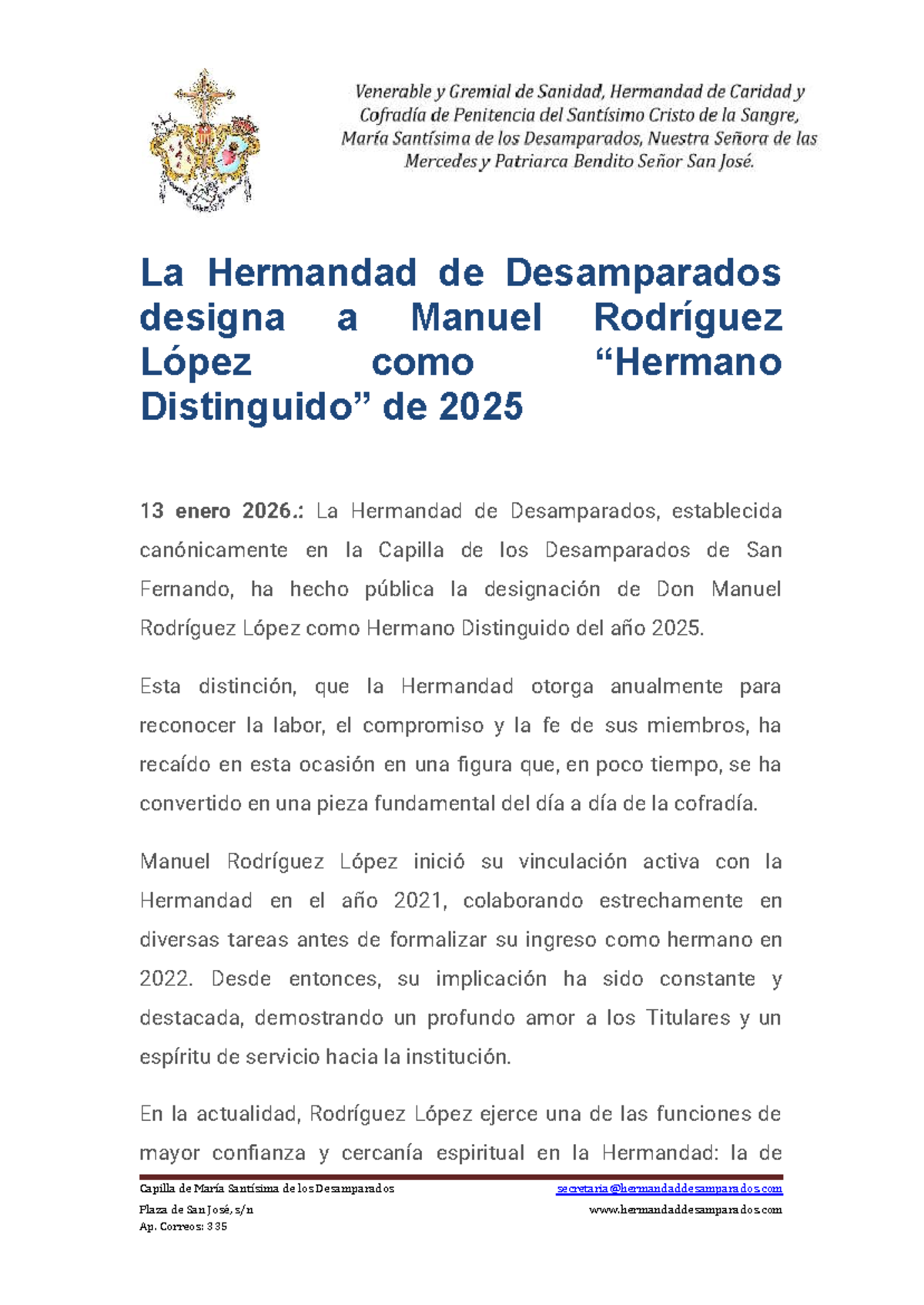Designación de Manuel Rodríguez López como Hermano Distinguido 2025 ...