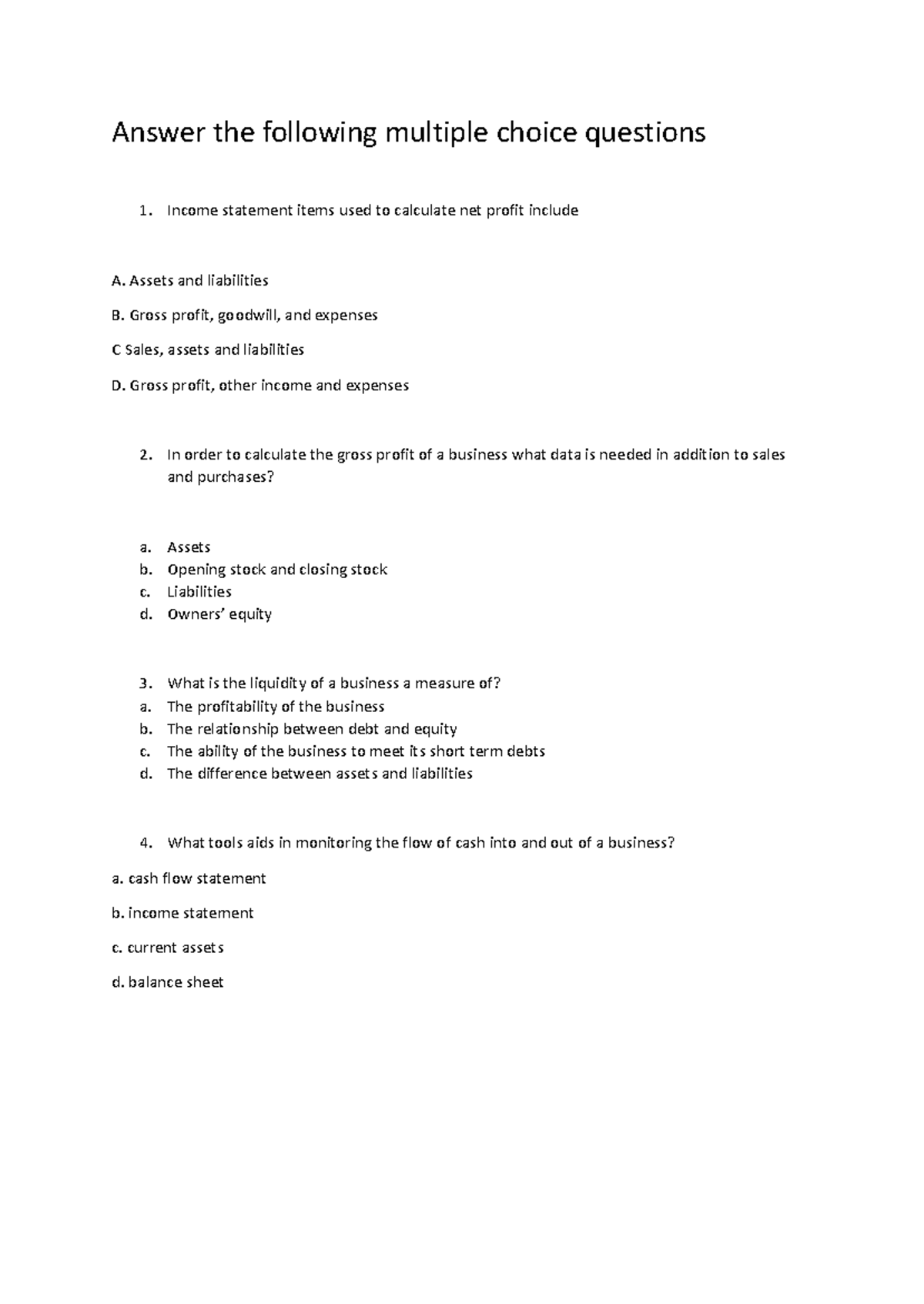 2025 Year 12 Finance Test 2: Multiple Choice & Short Answer Questions ...