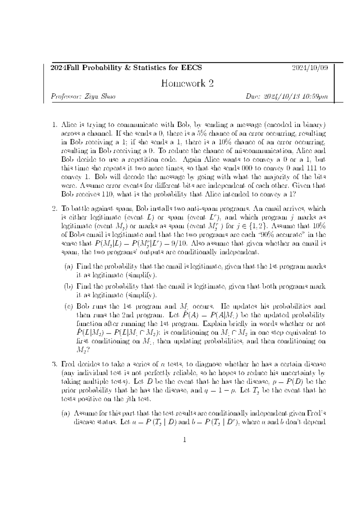 EECS 2024 Fall Probability Statistics Homework 2 Solutions - Studocu