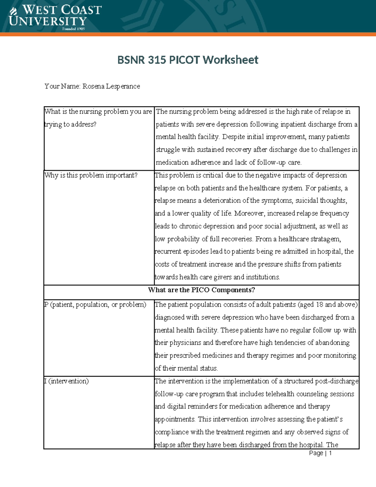 BSNR 315 Week 4 PICOT Worksheet: Addressing Depression Relapse - Studocu