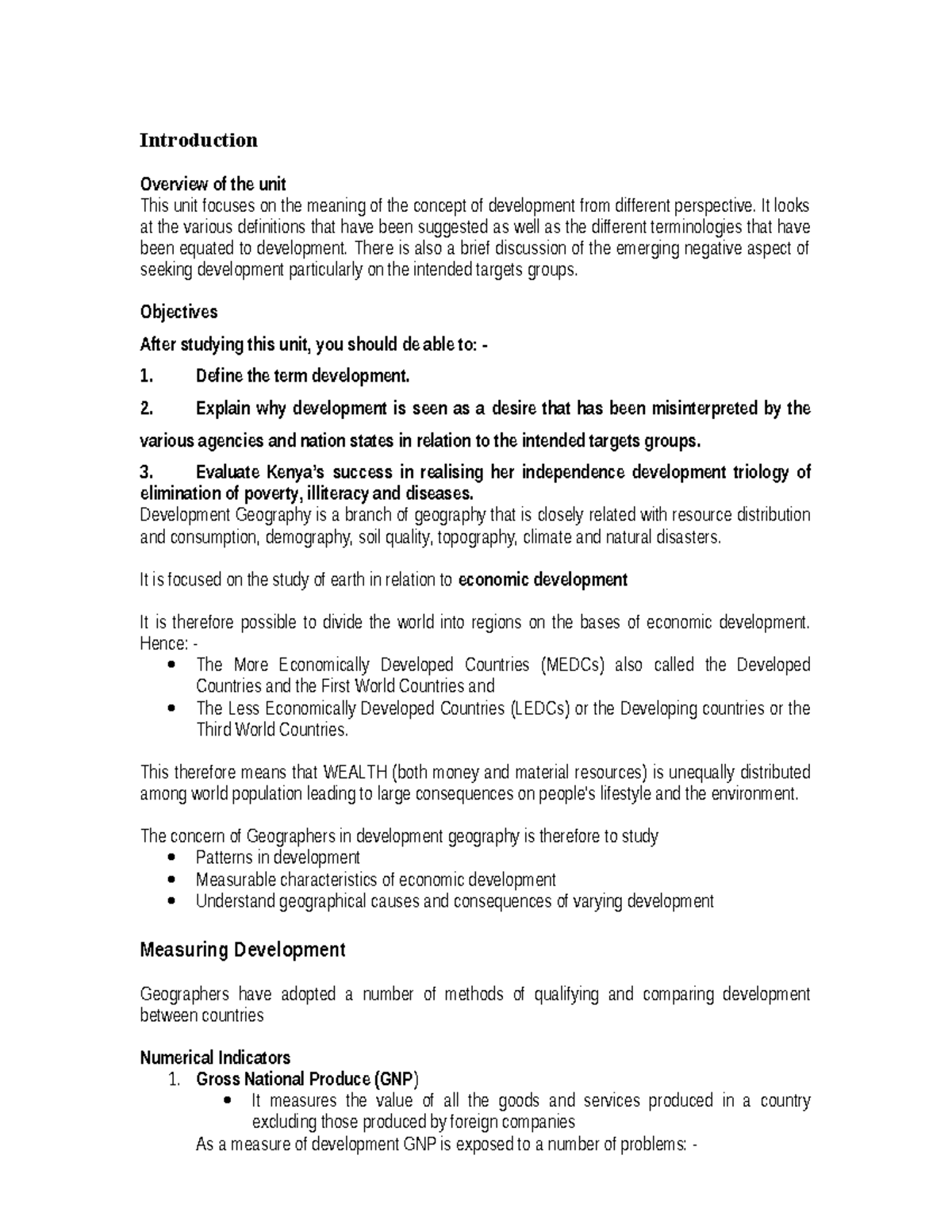 Wk i Notes: Geography of Development - Concepts & Theories - Studocu