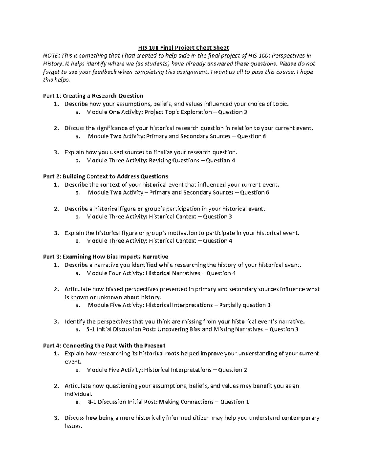 HIS 100 Final Project Cheat Sheet - HIS 100 Final Project Cheat Sheet ...
