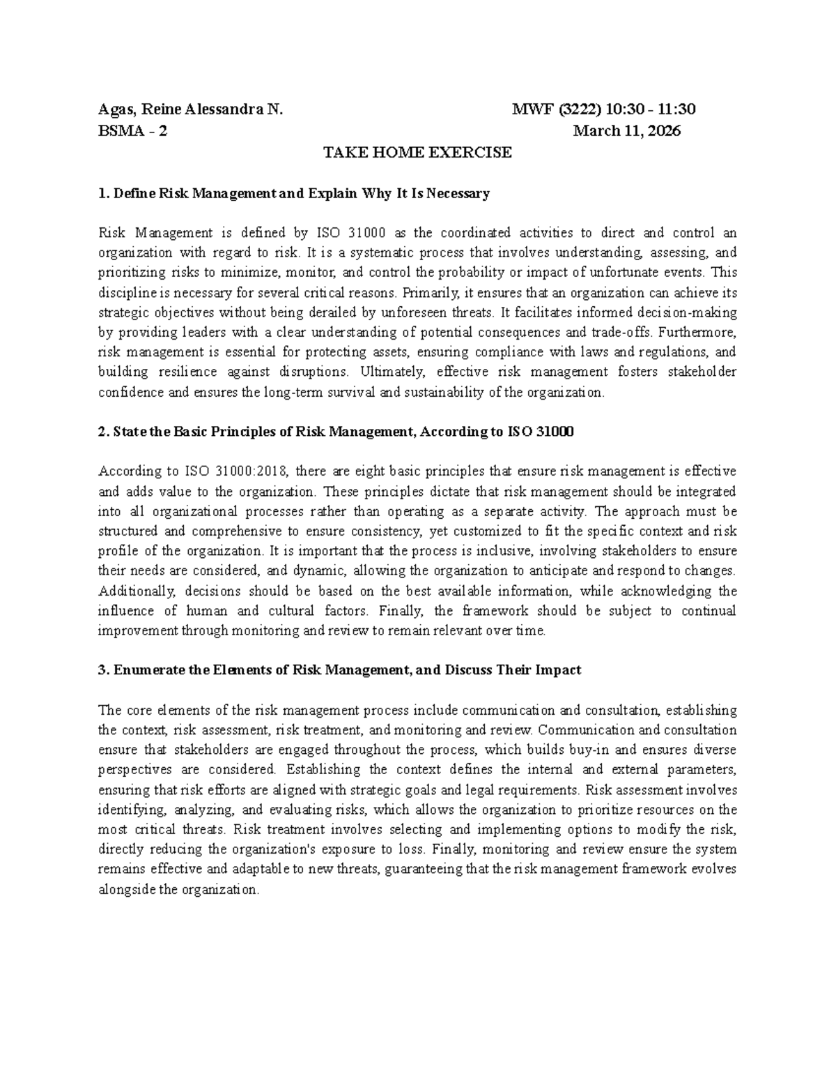 BSMA 2 Take Home Exercise 1: Understanding Risk Management - Studocu