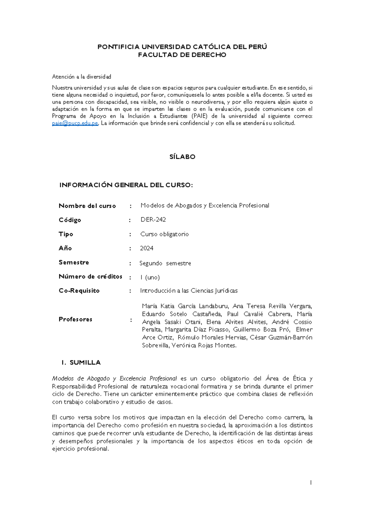 DER242 2024 2 Silabo - Modelos de Abogados y Excelencia Profesional - Document Preview