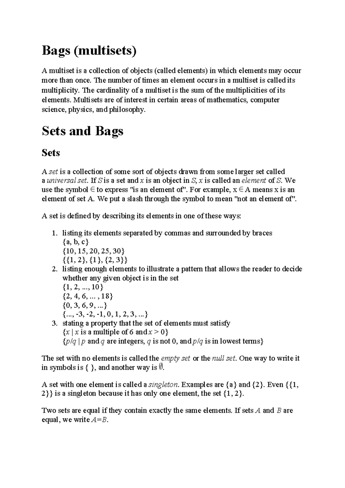 Bags in Discrete Mathematics: Levels 4 & 5 Overview - Studocu