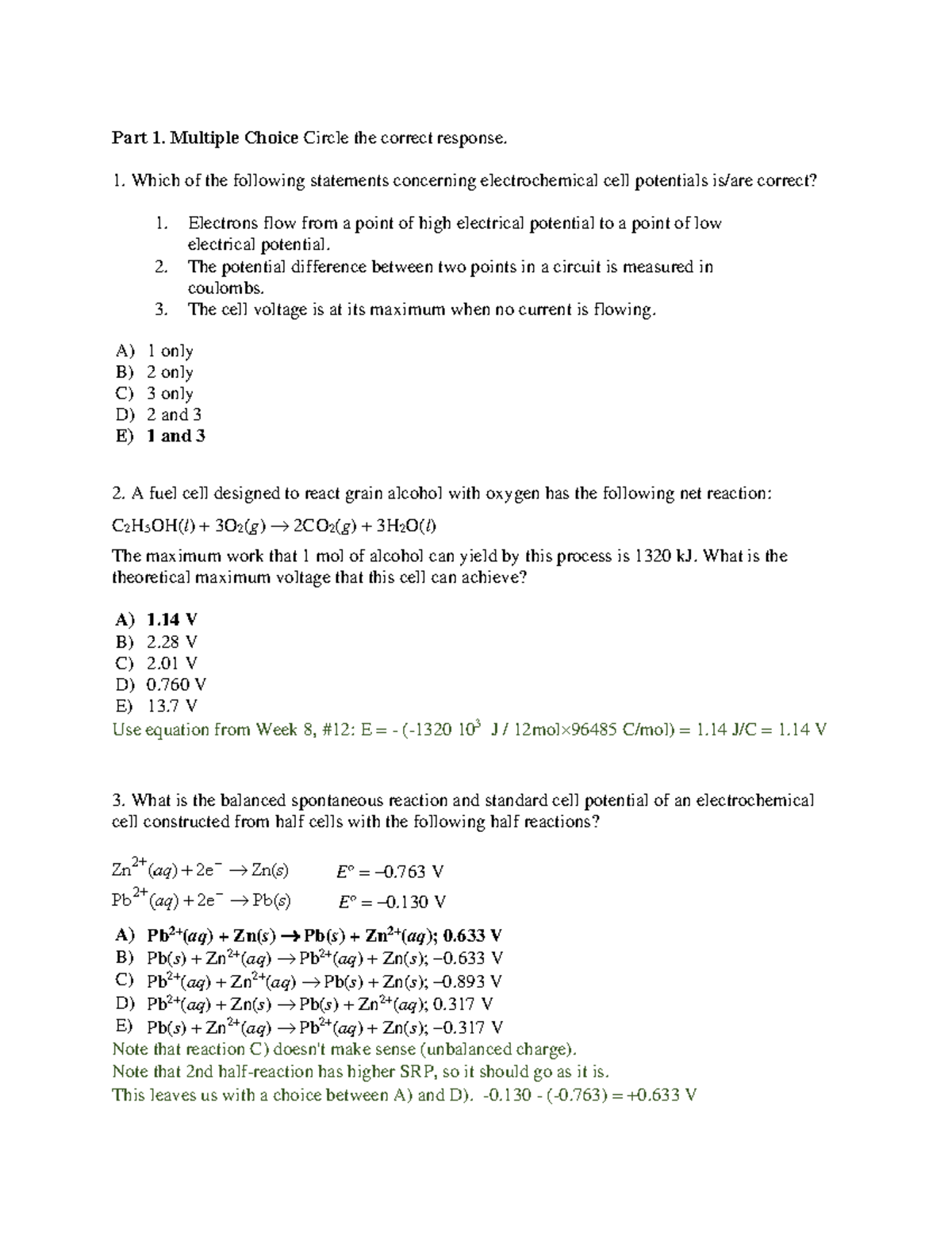 Practice Problems for Weeks 8-9: Electrochemical Cells and Potentials ...