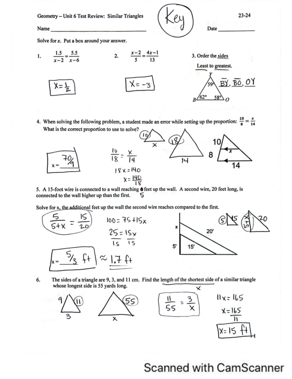 Geometry 2324 Unit 6 Test Review: Similar Triangles Answer Key - Studocu