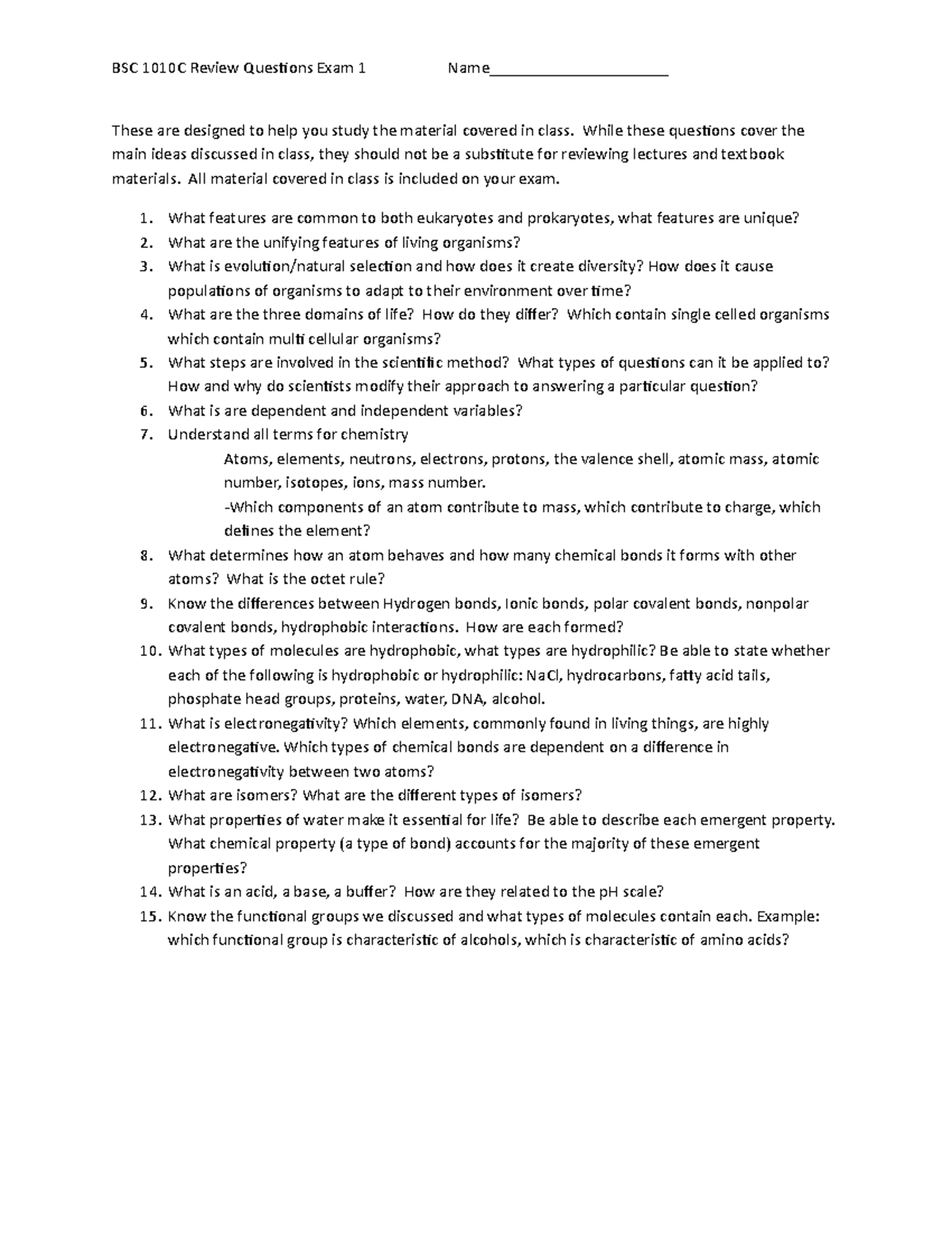 BSC 1010C Exam 1 Review Questions (Chapters 1-4 Study Guide) - Studocu