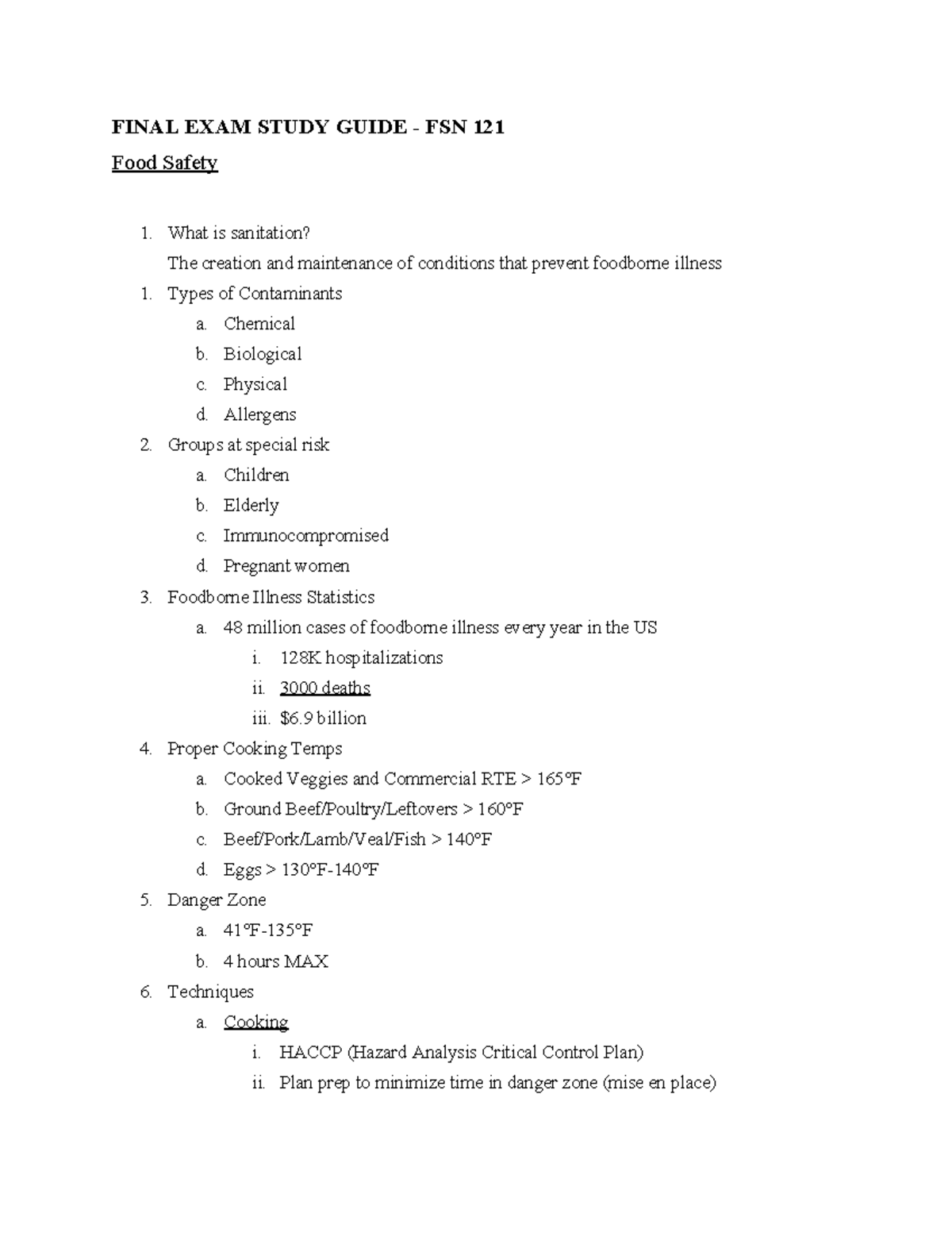 FSN 121 Final Exam Study Guide: Key Concepts and Food Safety Practices ...