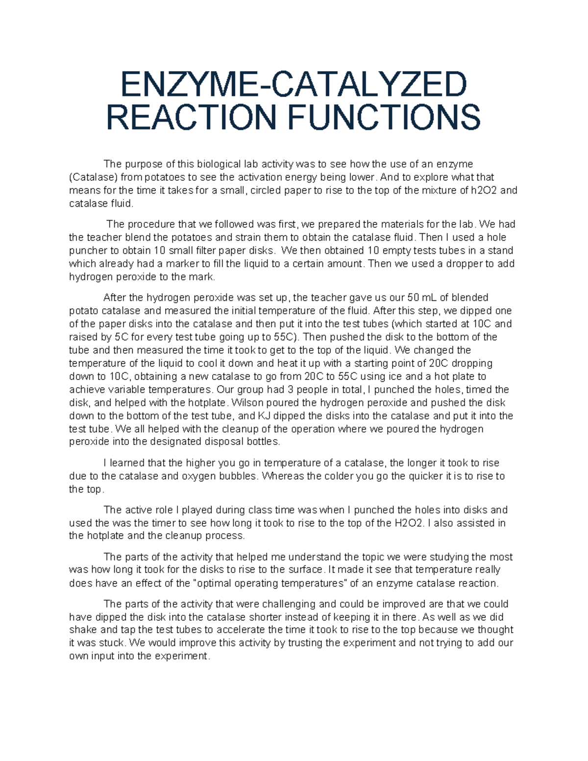 Enzyme Function Lab Report: Catalase Activity & Temperature Effects ...