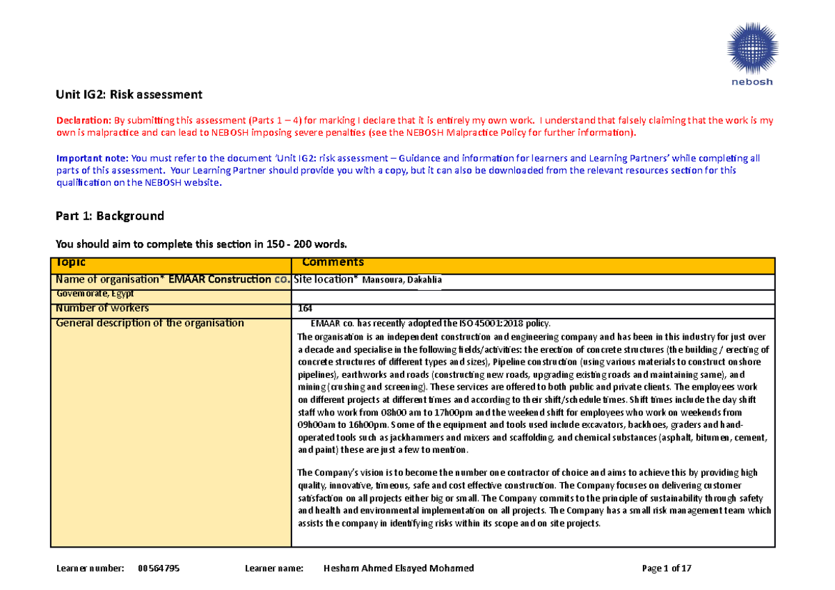 Ig2 - Risk Assessment for EMAAR Construction Co. - Studocu