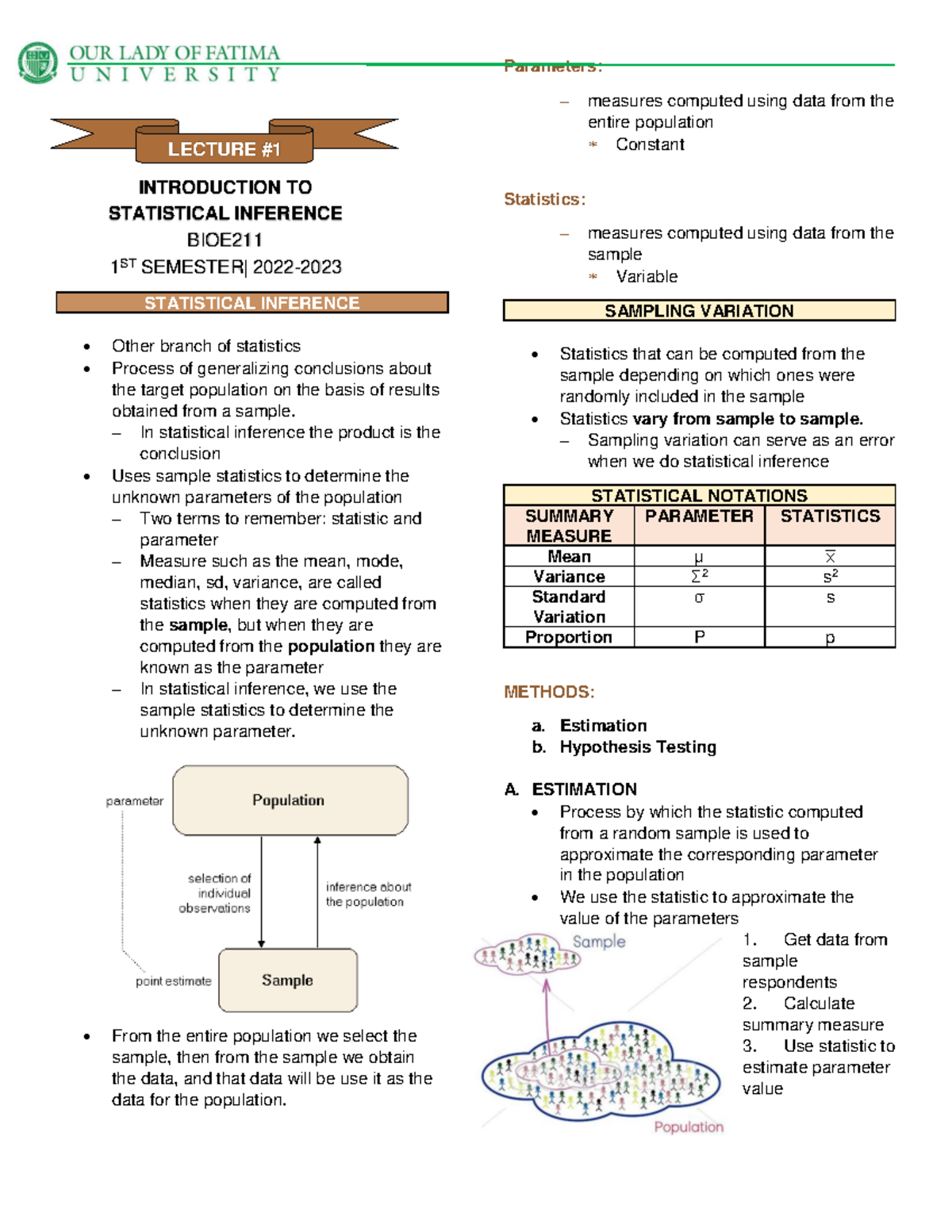 BIOE Midterms Lecture - 00000 STATISTICAL INFERENCE Other branch of ...