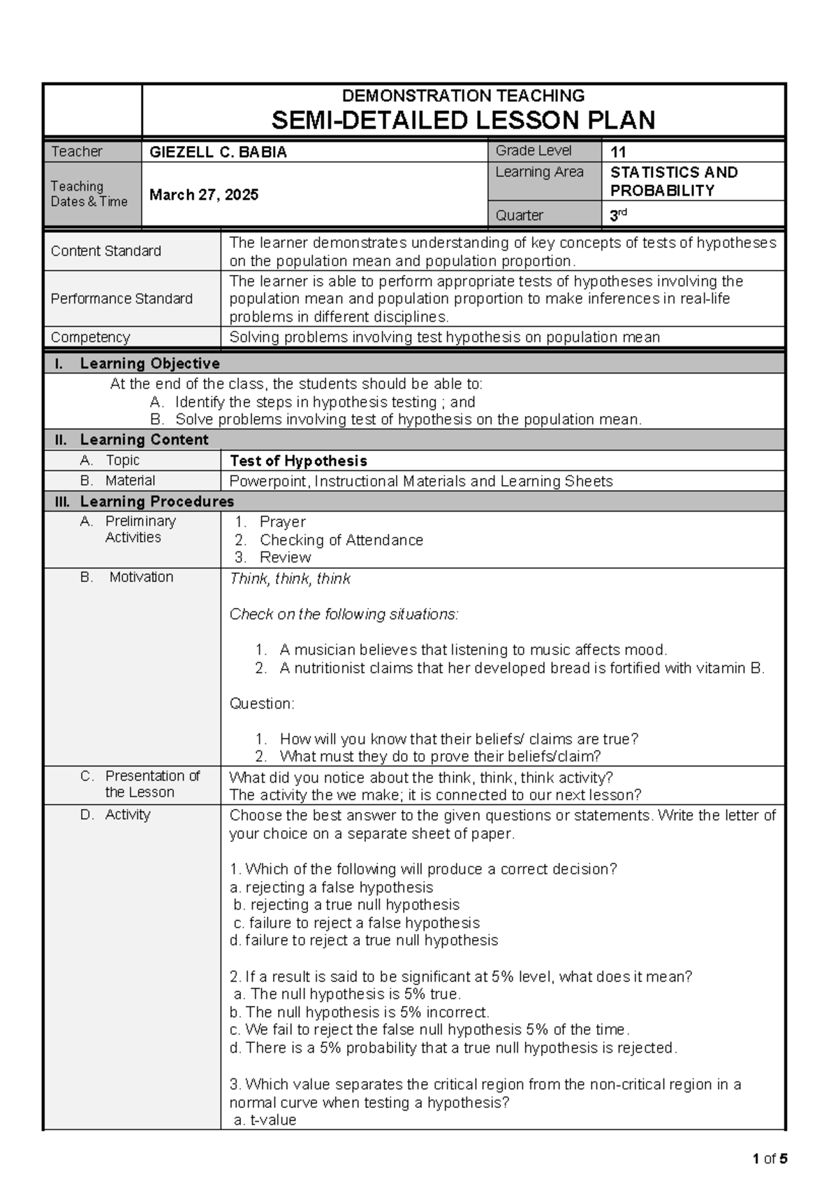 Demonstration Teaching Lesson Plan: Hypothesis Testing in Statistics ...