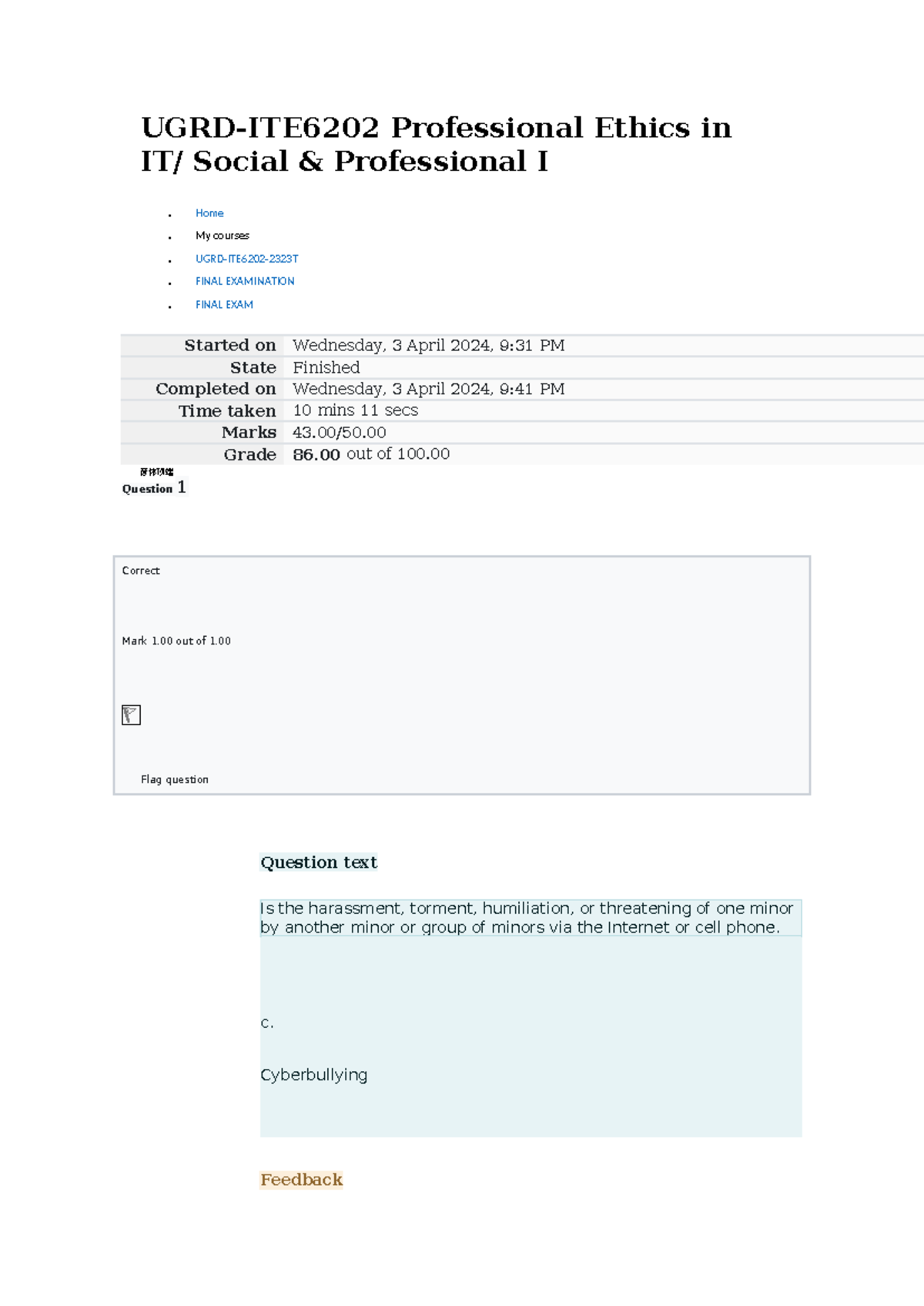 UGRD-ITE6202 Professional Ethics in IT Final Exam Results & Review ...