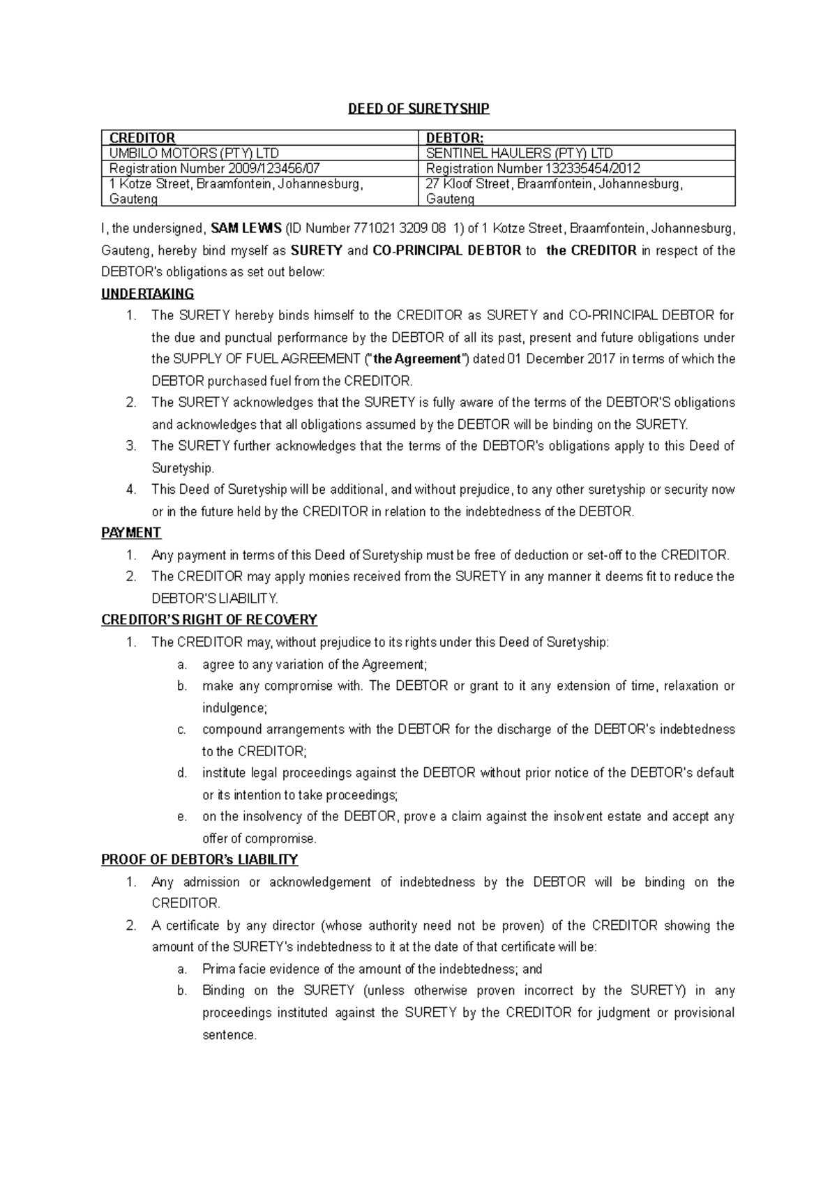 Deed of Suretyship Between UMBILO MOTORS and SENTINEL HAULERS - Studocu