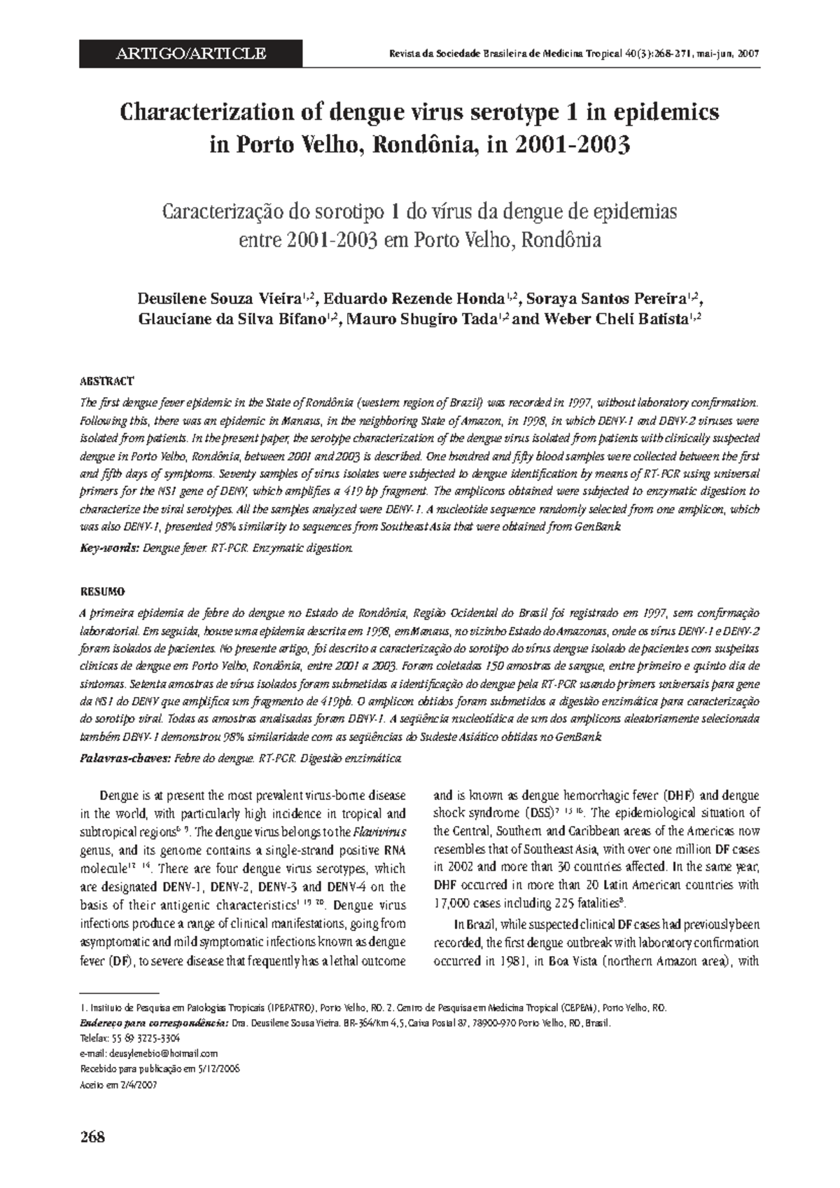 Characterization of Dengue Virus Serotype 1 in Porto Velho, RO (2001 ...