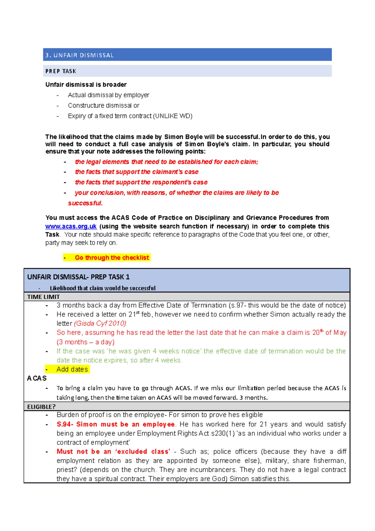 Employment Law Workshop 3: Unfair Dismissal Analysis and Claims - Studocu