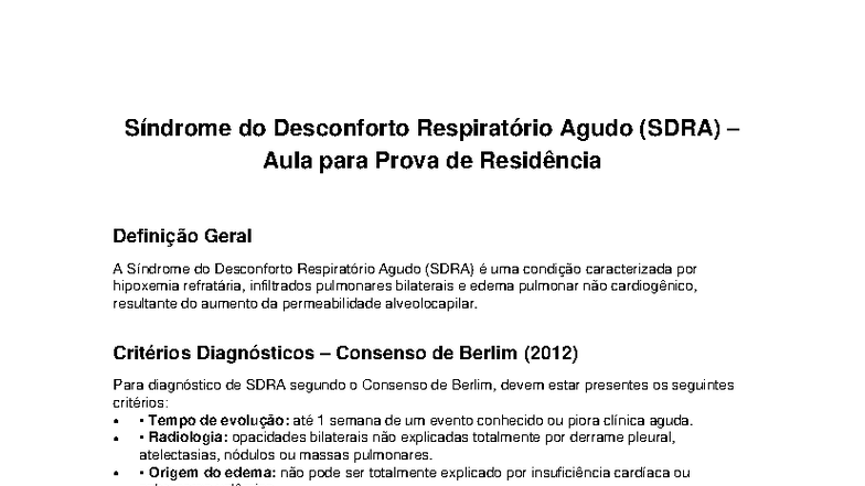Aula SDRA para Prova de Residência: Definição e Diagnóstico - Studocu