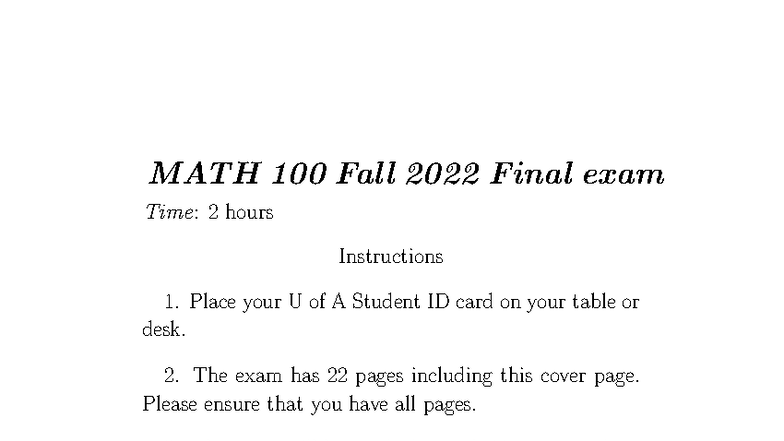 MATH 100 Fall 2022 Final Exam Questions and Instructions - Studocu