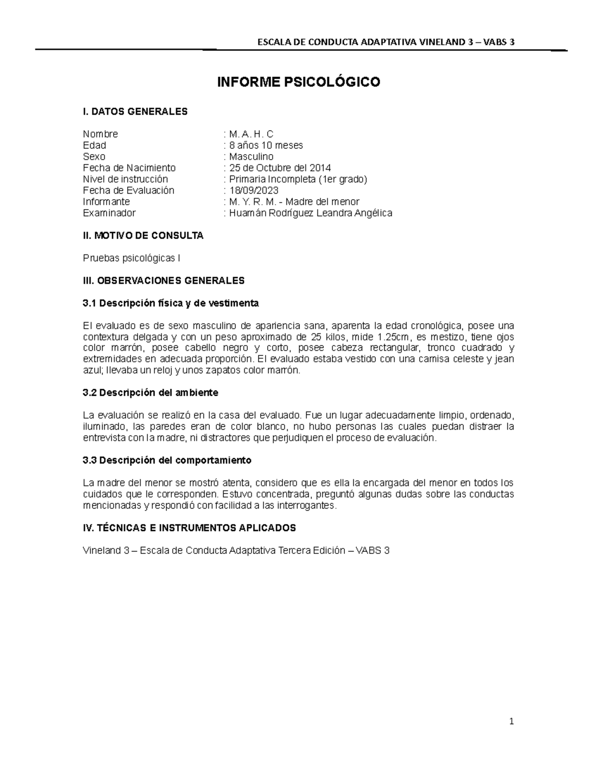 Informe Final Vineland 3 - Evaluación VABS 3 del Comportamiento Adaptativo - Document Preview