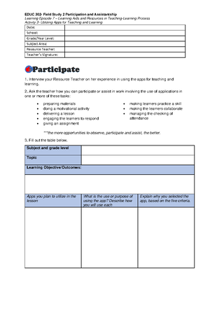 FS 2 LE 5 act1 - Field Study - Learning Episode 5 – Writing My Lesson ...