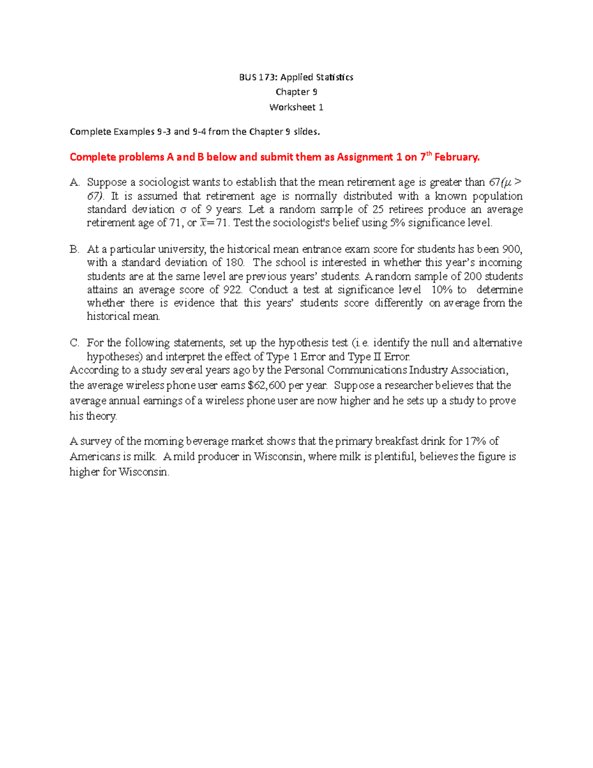 BUS 173: Chapter 9 Worksheet 1 - Hypothesis Testing Problems - Studocu