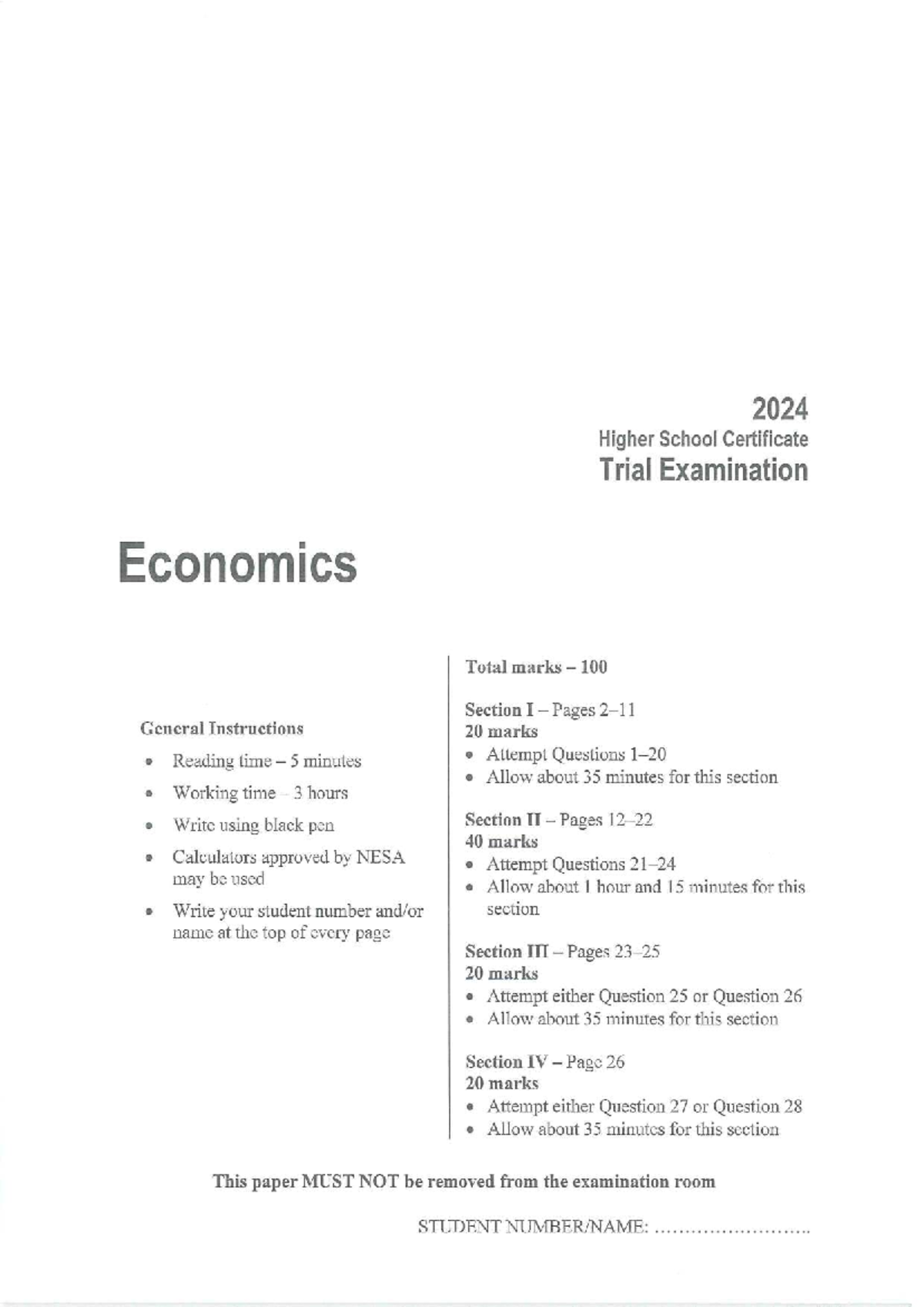 2024 HSC Trial Exam - Economics (12ECO) - Total Marks: 100 - Studocu