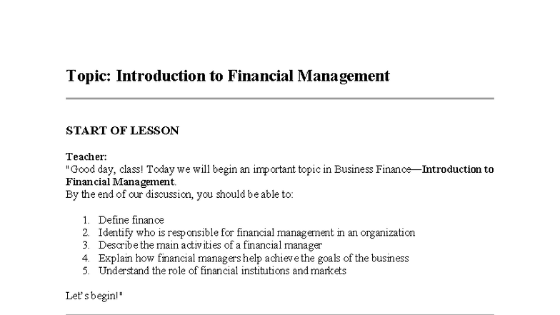 Introduction to Financial Management - Business Finance Lesson - Studocu