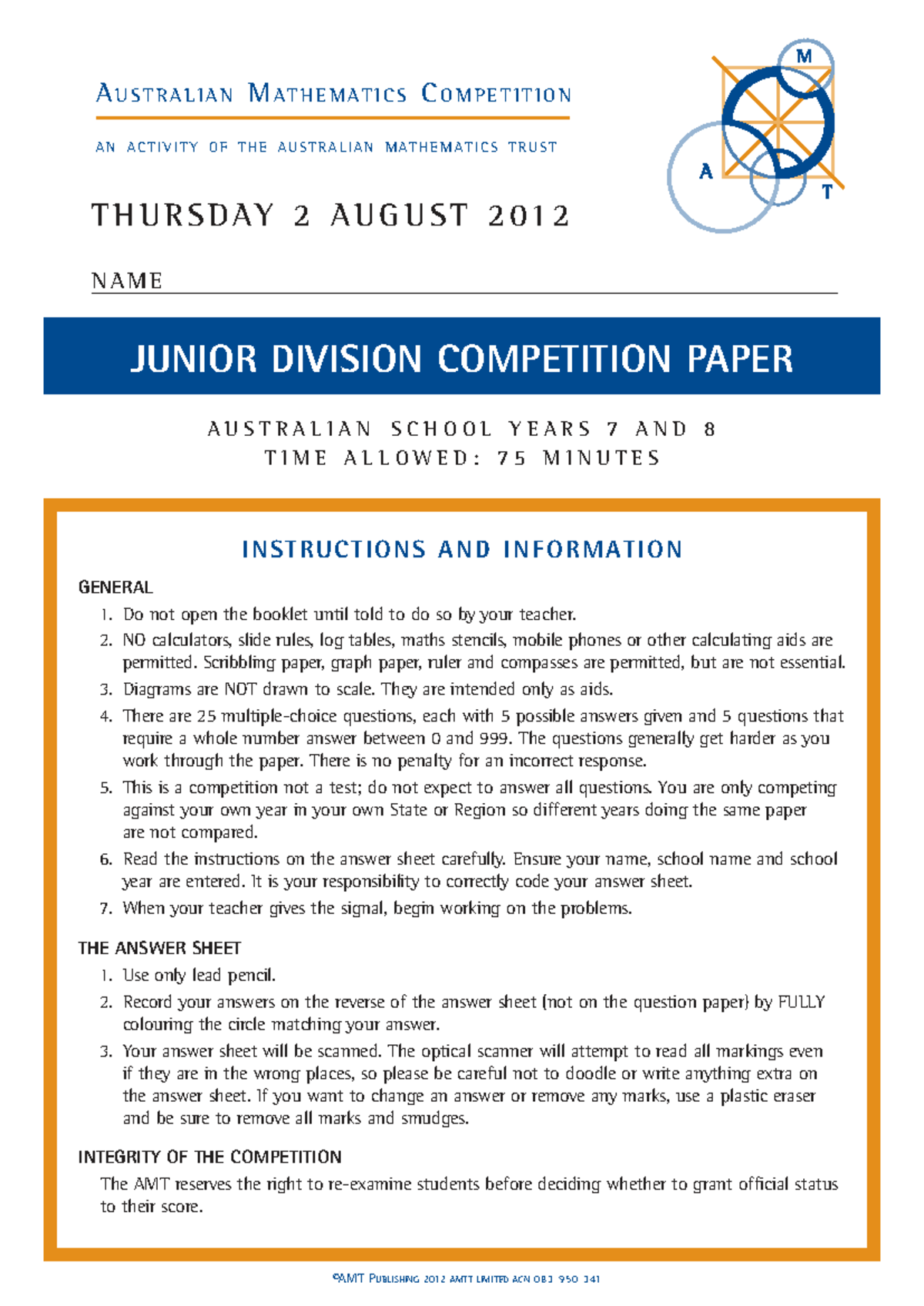 2012 AMC Junior Division Competition Paper - Studocu