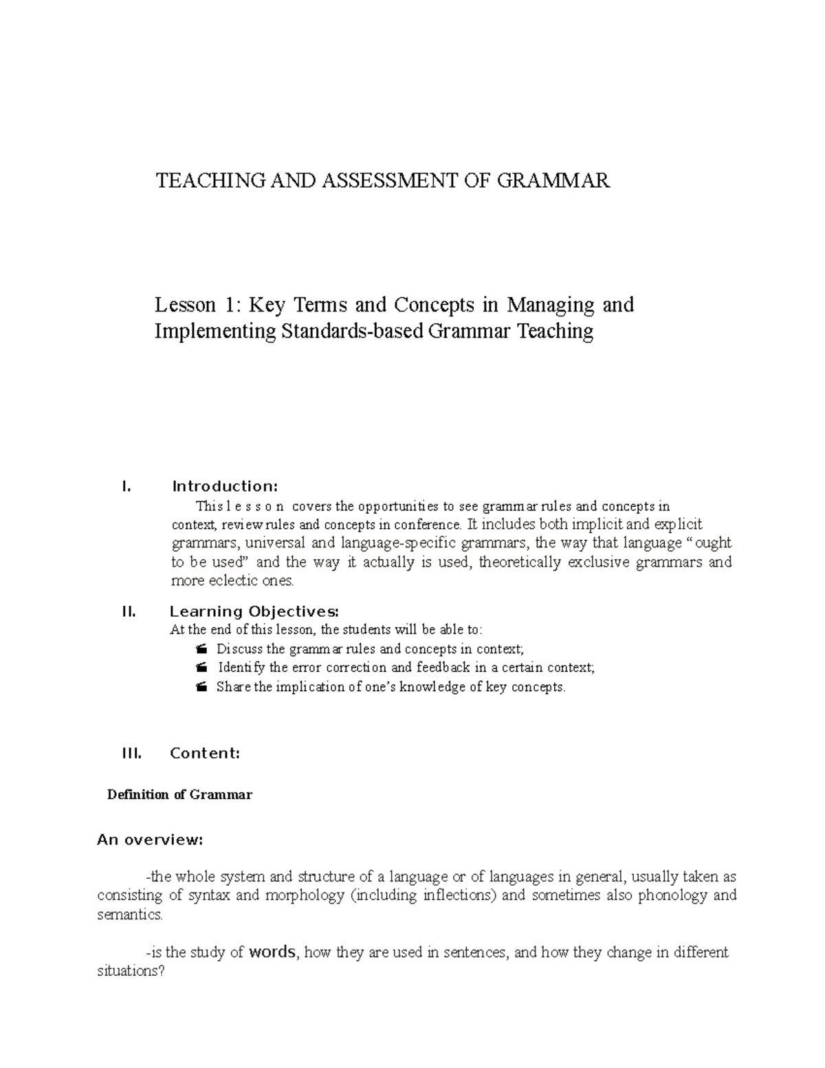 Lesson 1: Teaching Assessment and Key Concepts in Grammar - Studocu
