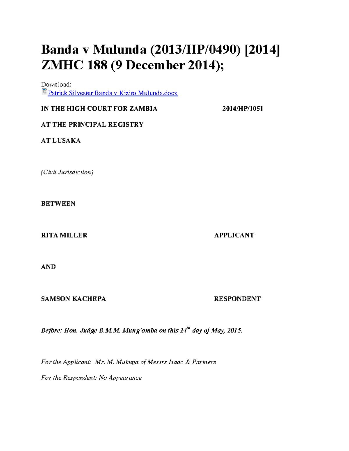 Banda v Mulunda - High Court Judgment Notes (2014/HP/0490) - Studocu