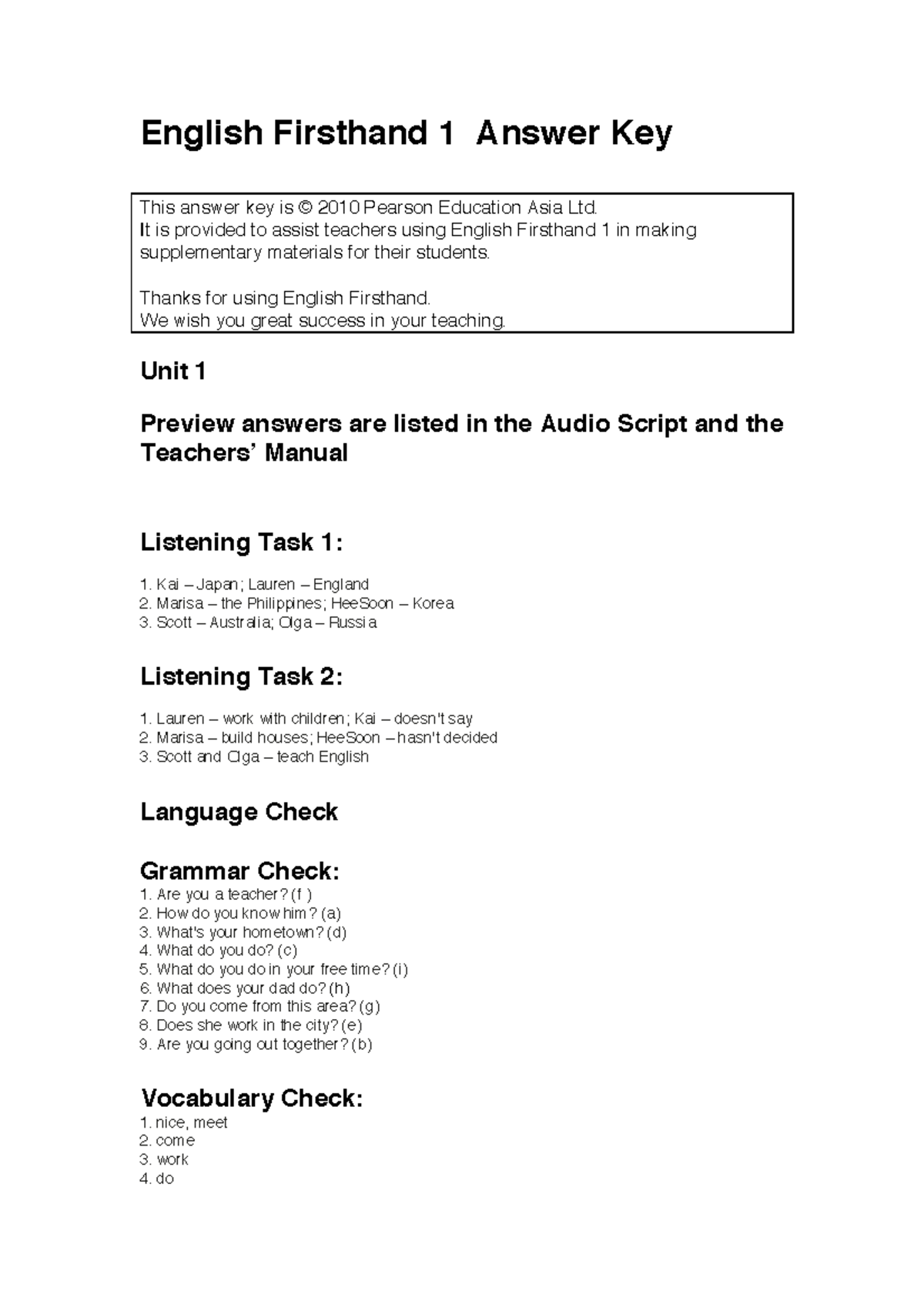 English Firsthand 1 (EF1) Answer Key: Comprehensive Guide for Teachers ...