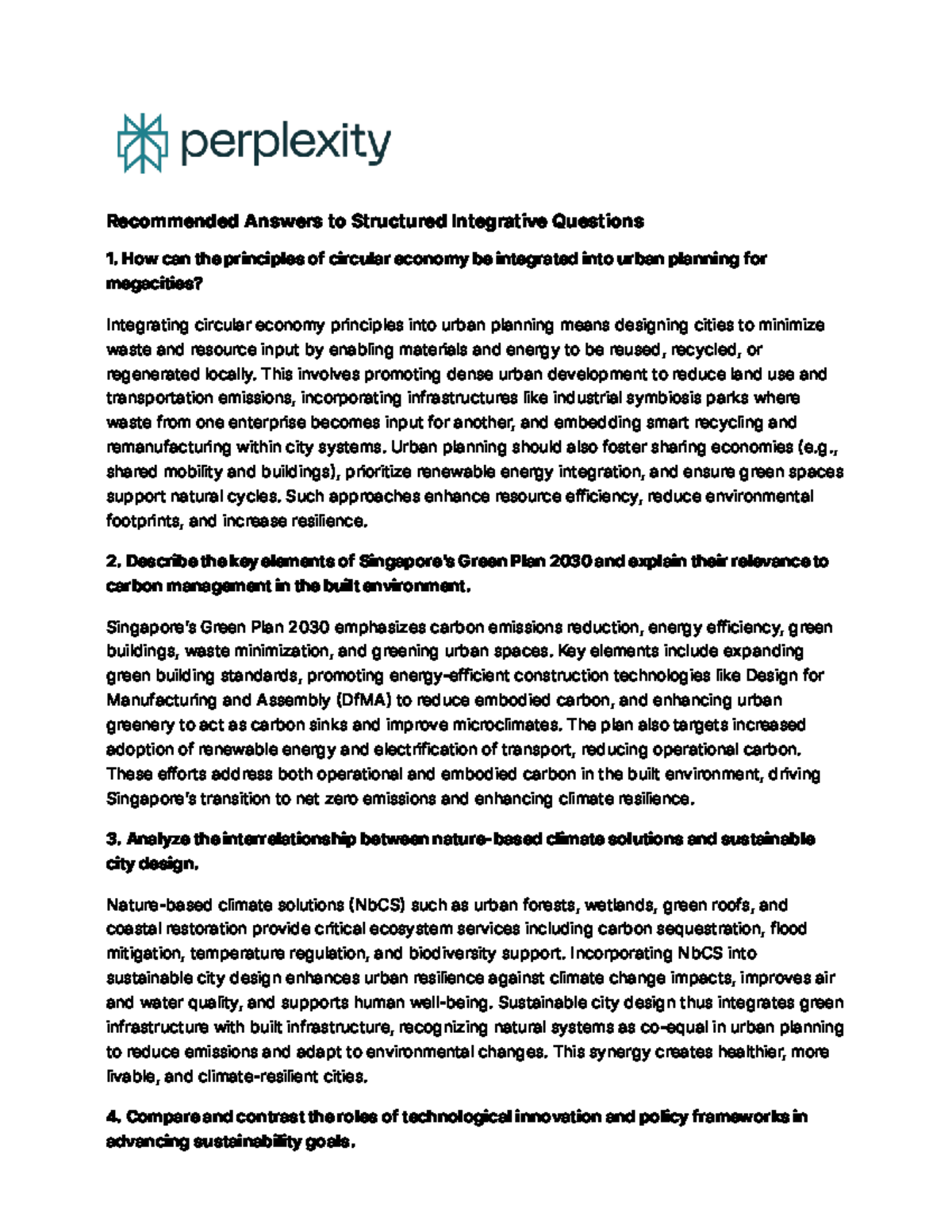 Recommended Answers to Structured Integrative Questions on Urban ...
