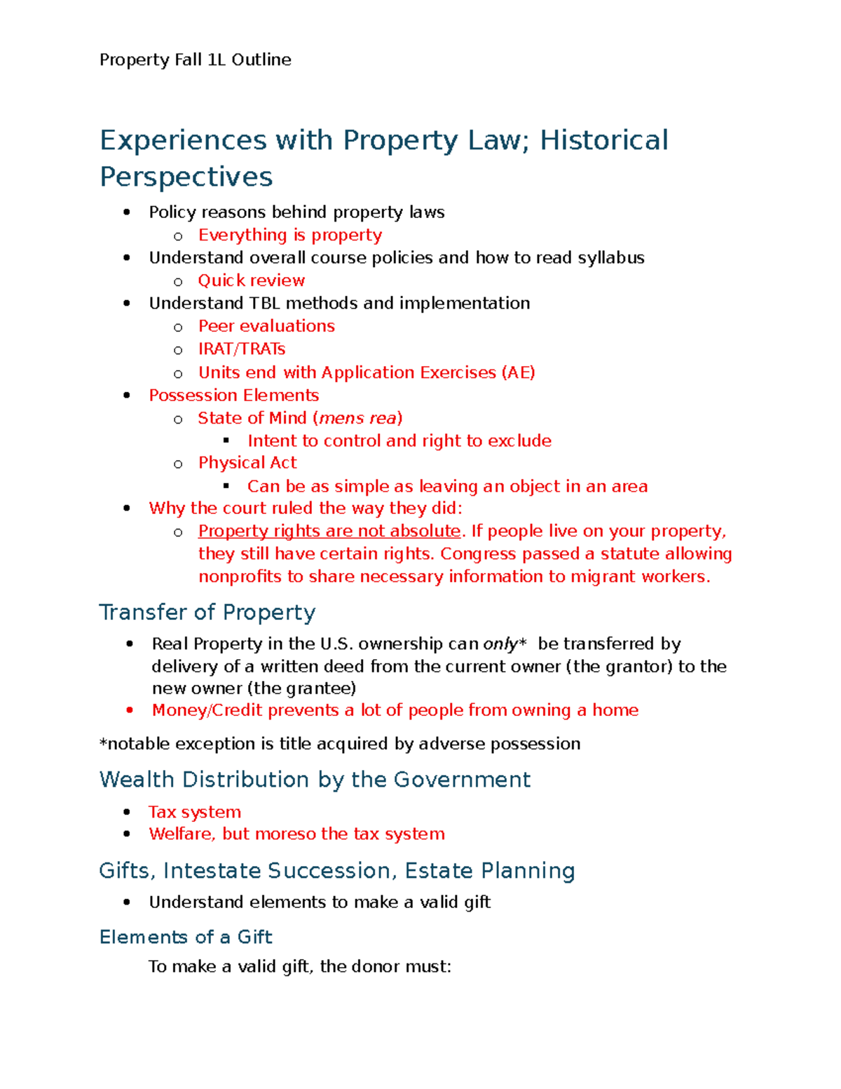 Property Law Fall 1L Outline: Key Concepts and Case Analysis - Studocu