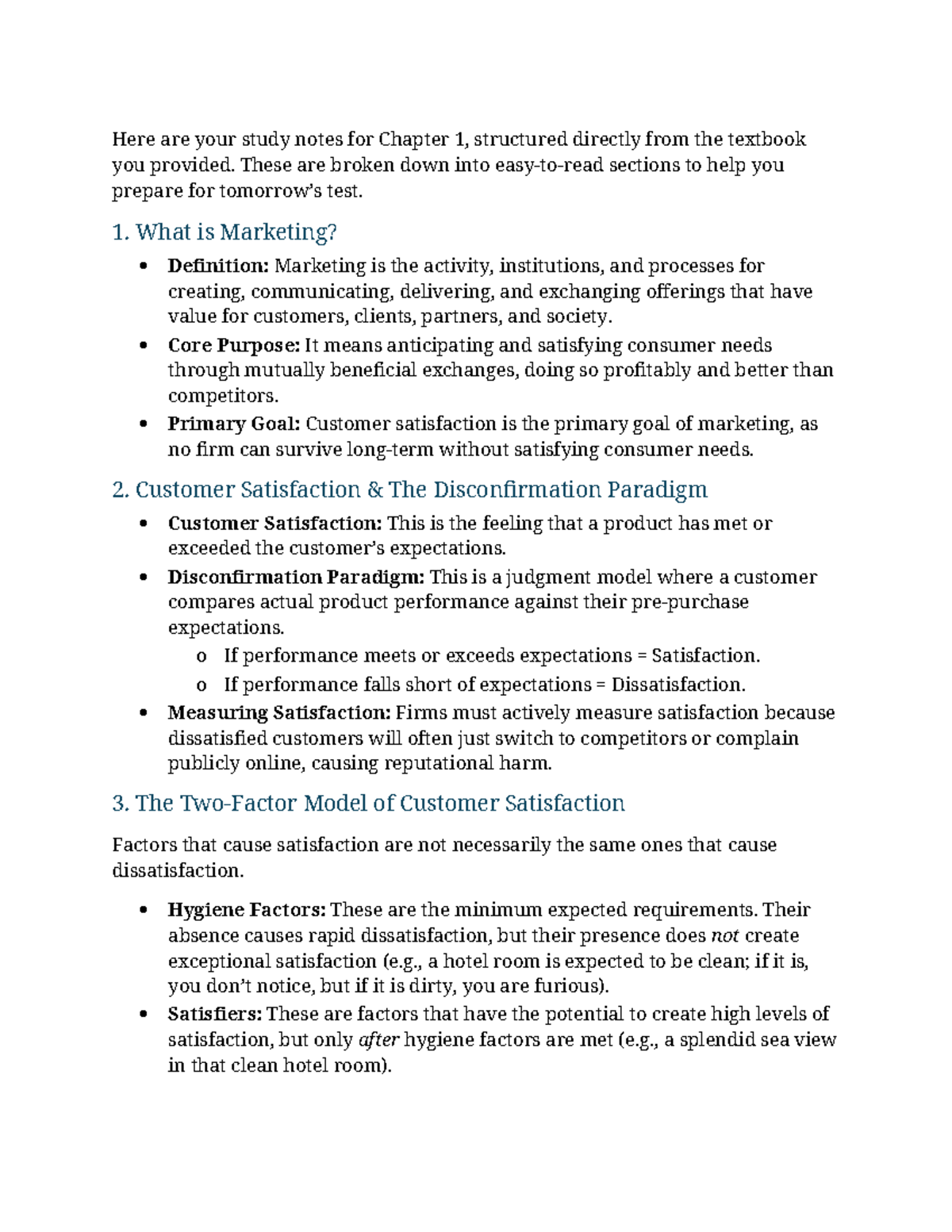 Chapter 1 - Marketing Concepts and Customer Satisfaction Notes - Studocu