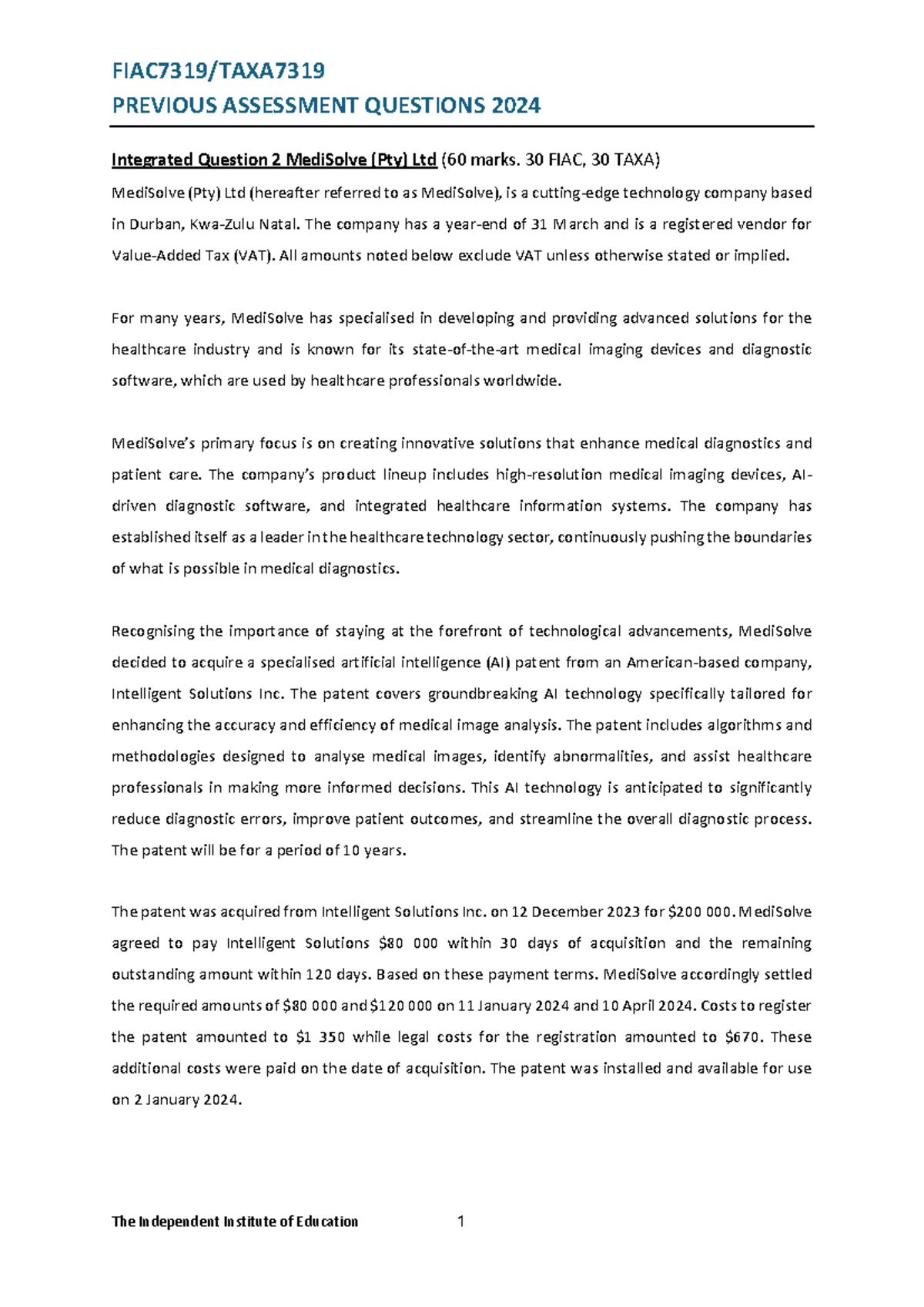 FIAC7319/TAXA7319 Previous Assessment Questions 2024 - Studocu