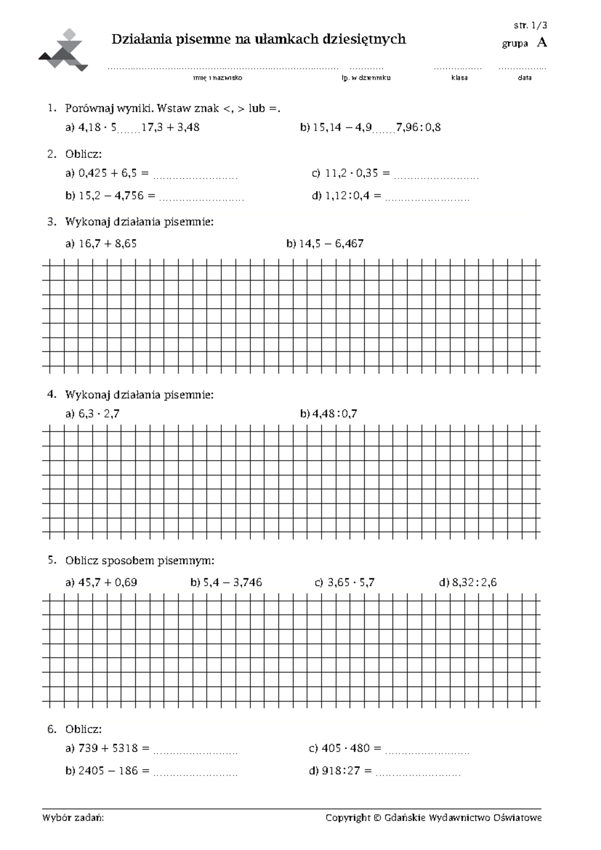 Sprawdzian Z Dziaału Dzialania Na Dziesiętnych www.studocu.com