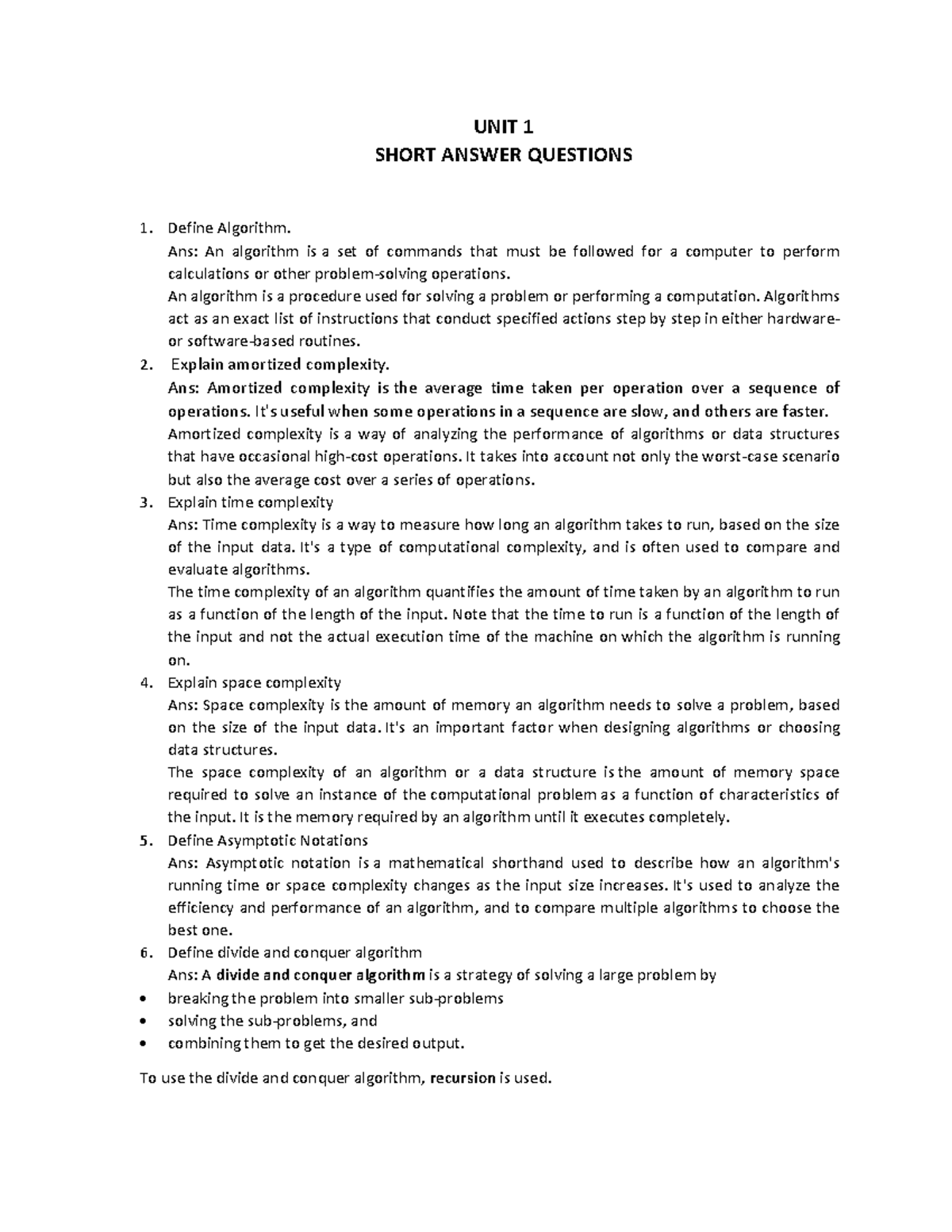 Unit 1 - Short Answer Questions on Algorithms and Complexity - Studocu