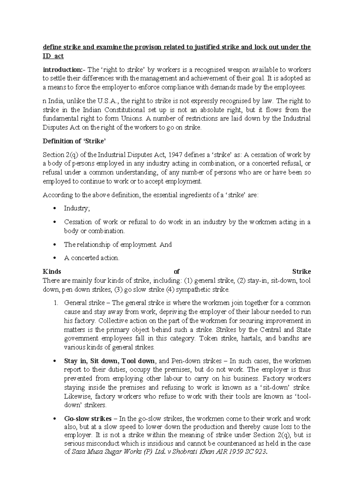 Strike and Justified Strike Provisions under ID Act: An Analysis - Studocu