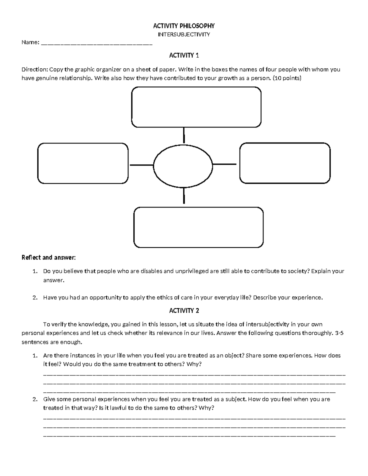 Activity Philosophy: Intersubjectivity Reflection & Growth (10 pts ...