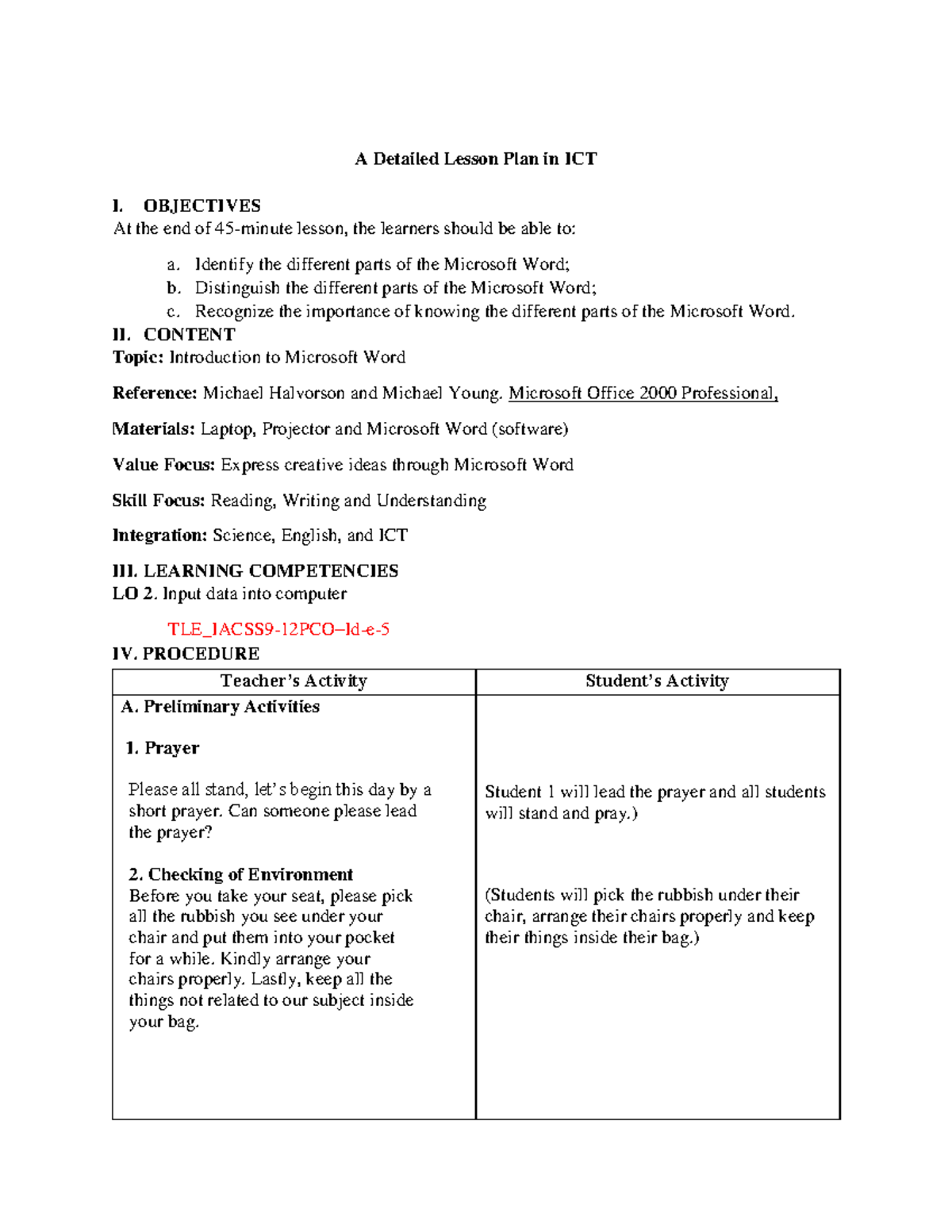 Detailed Lesson Plan: Introduction to Microsoft Word (ICT I) - Studocu