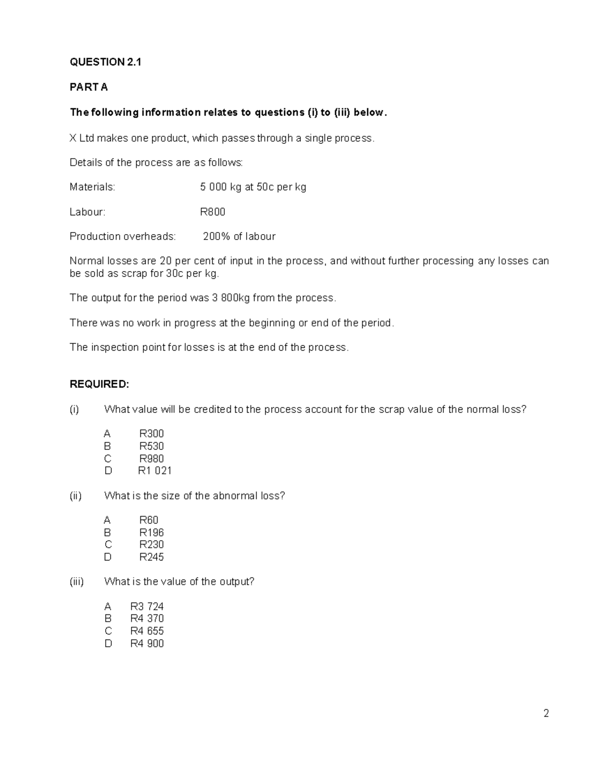 Process Costing - Comprehensive Question Bank (Course Code: ACC101 ...