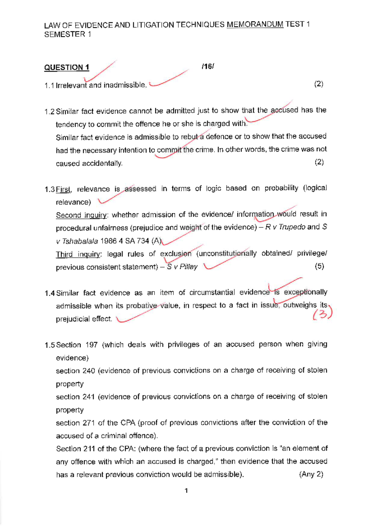 LAW OF EVIDENCE AND LITIGATION TECHNIQUES TEST 1 MEMO SEM 1 2026 - Studocu
