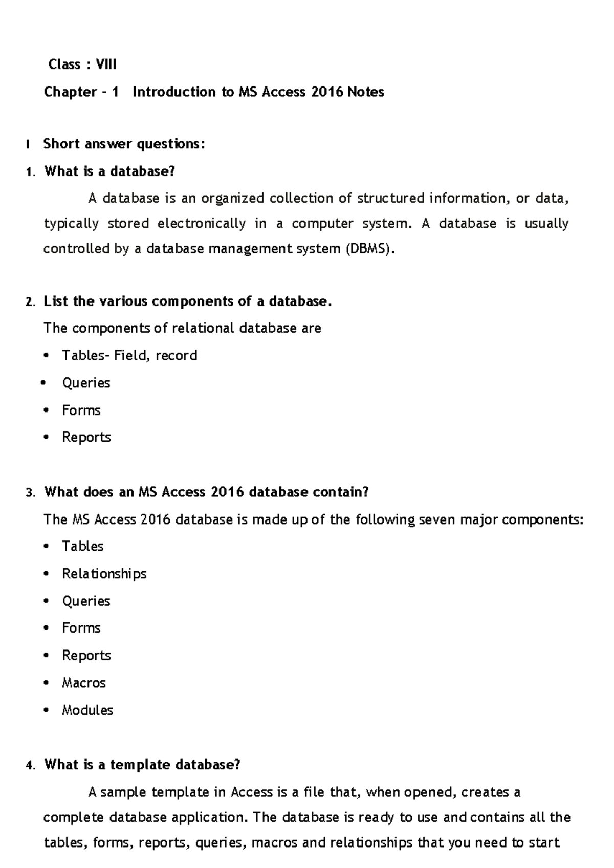 CS 8: Chapter 1 & 2 MS Access 2016 Notes & Short Answers - Studocu